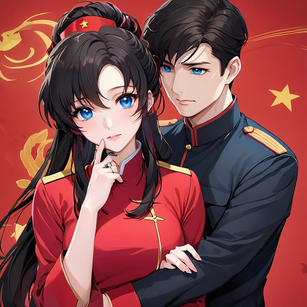 ((Highest quality)), ((masterpiece)), (detailed), (Perfect Face)、The woman is a Chinese Lacus Clyne with blue eyes and medium-long black hair. She is wearing an engagement ring. She has become a member of the glorious Chinese Communist Party and has sworn absolute loyalty to the Chinese Communist Party. She is a righteous Communist Party member of China.、The woman is wearing the fine red uniform of a Chinese Communist Party member.、For the sake of China, they dye their hair, hairstyle, clothes, and everything they wear belongs to the Chinese Communist Party, and their thoughts are also Chinese, becoming great Chinese in body and mind.、The woman became Lacus Clyne, a Chinese woman who was proud of and loved China.、The woman is chosen by a great Chinese Communist Party official and is given the honor of becoming his wife.