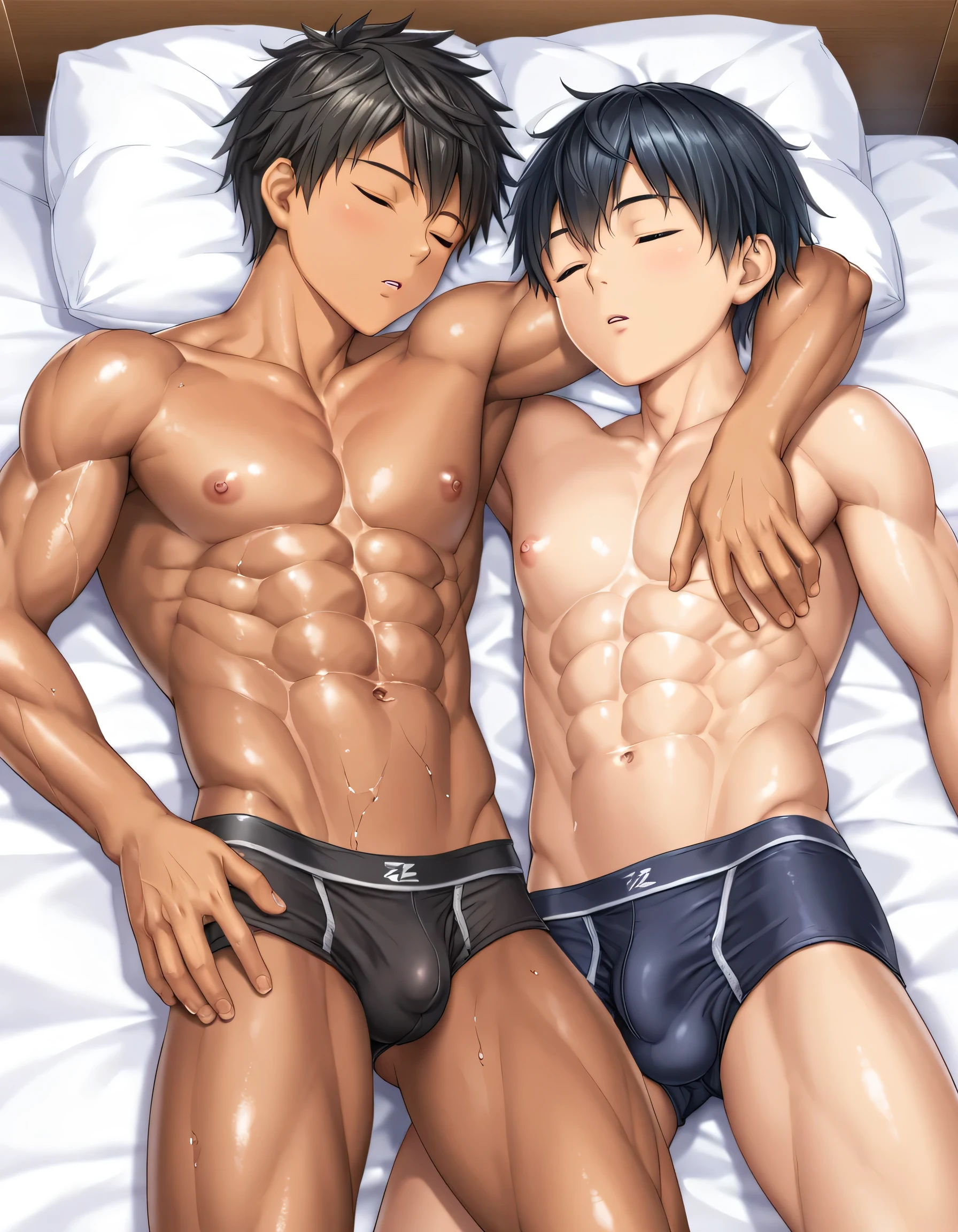 high quality, (two japanese boys sleeping on the bed:1.5), (detailed eyes), (black short hair), (muscle:1.5), naked, (dark wet skin), (detailed puffy nipples:1.1), (boy's face Focus), black briefs, bulge,