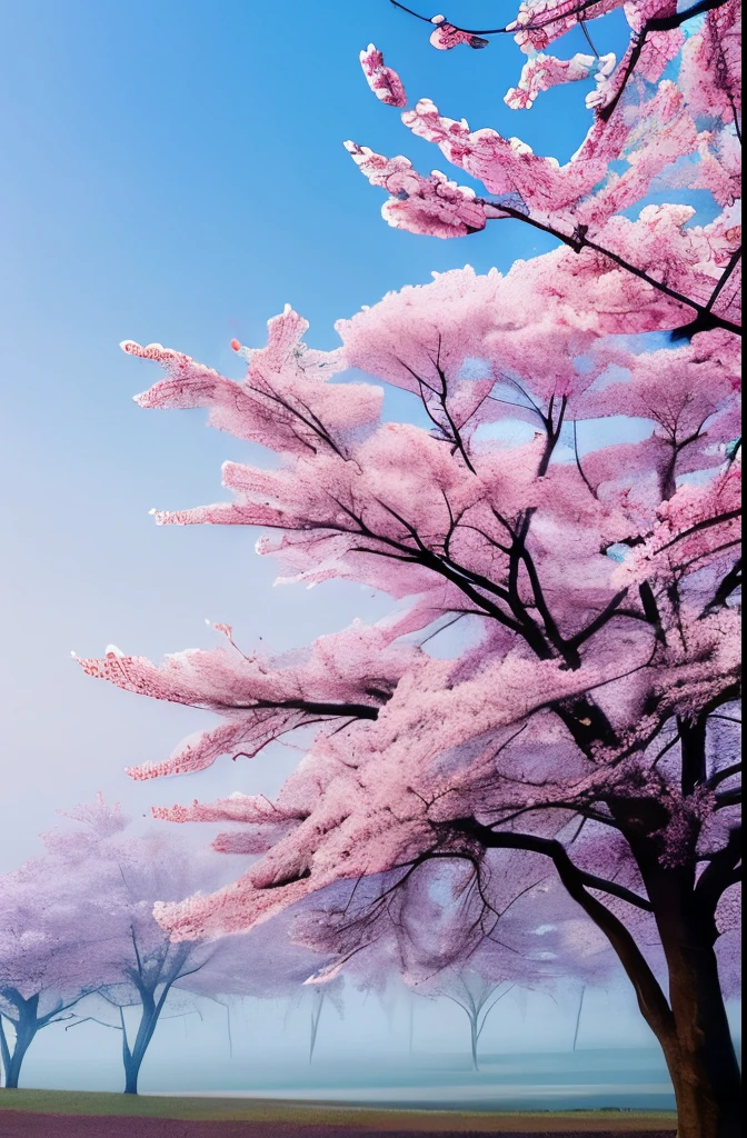 there is a tree with pink flowers in the foggy area, extremely beautiful and ethereal, spring early morning, misty garden, incredibly ethereal, cherry blossom forest, cherry blossom, cherry blossoms, flowers and trees, detailed trees in bloom, cherry blossom tree, cherry tree in the background, by Xie Shichen, by Cheng Jiasui, very ethereal, beautiful!!!!!!!!!