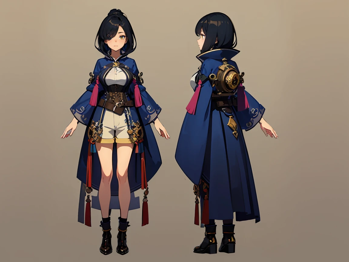 (((三面人物, 正面人物, 側面人物, 背面人物, multiple views)), conceptual artwork, character conceptual artwork, character sheet, all-body, 人物, (simple background, fundo cinza), one caracter, a one woman, Fantasyart:1.1), breasts small、shorth hair、distant eyes、big mouth、low nose、Shorts、Steampunk