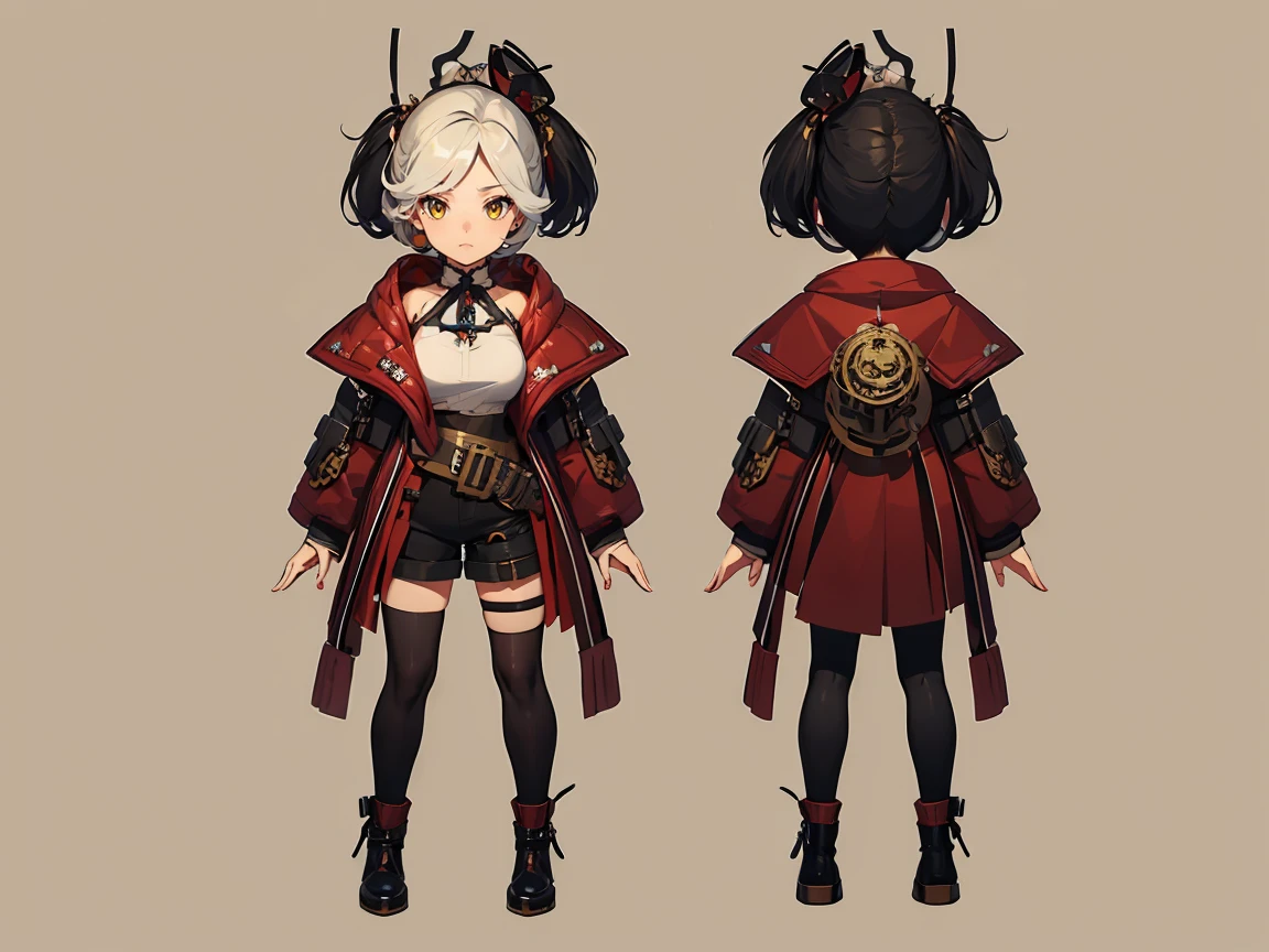 (((三面人物, 正面人物, 側面人物, 背面人物, multiple views)), conceptual artwork, character conceptual artwork, character sheet, all-body, 人物, (simple background, fundo cinza), one caracter, a one woman, Fantasyart:1.1), breasts small、shorth hair、distant eyes、big mouth、low nose、Shorts、Steampunk
