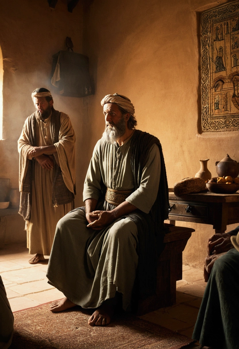 Biblical photograph of the prophet Samuel in the house of a man with his sons biblical representation