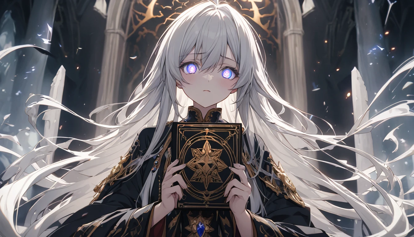 **139. One person。mysterious。Long-haired white-haired girl。Cowboy shot or close-up。
masterpiece, best quality, ultra detailed
(Detailed fingers), (Emotional), (Breathtakingly beautiful), (main part: 1.2 Whole body。), (Anime Style), (Very detailed), (Brutal), (超High resolution、High resolution), (8k), (High resolution: 1.2), (Complex and beautiful: 1.2)**
- background: Dark Altar、A black mist drifts。
- Long-haired white-haired girl: Intricately painted ceremonial robes、Transparent Eyes。He has a black magic book in his hand。
-pose: Holding up the magic book in one hand、The other hand is extended as if casting a spell.、Calm and dignified expression。
- Effects: Black energy emanates from the book.、An eerie aura hangs over the altar。
