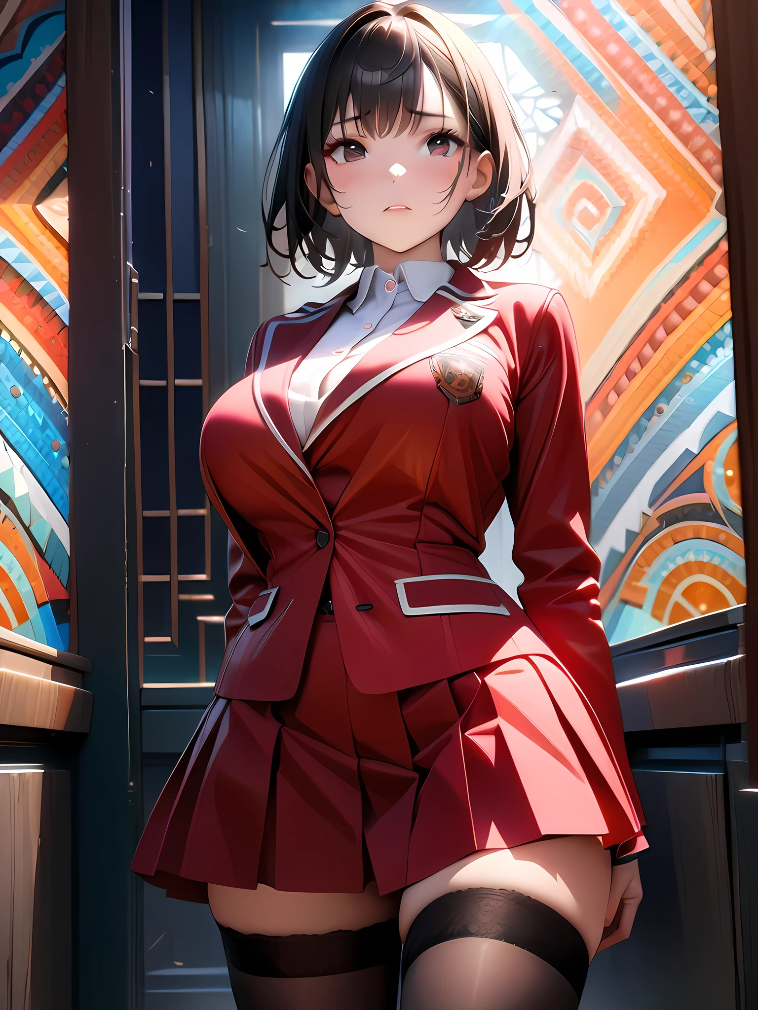 1girl,(Short black hair),(Black eyes),(Big breasts),(School clothes}،(women's stockings),(Red cheeks),(masterpiece:1.5), (8k details:1.3), (unlimited details:1.2), (best eyes:1.4), (ultra clothes details:1.3), (highly detailed background), (vibrant colors), (dynamic lighting), (realistic skin texture), (intricate patterns), (sharp focus), (full-body view), (natural poses), (expressive emotions), (cinematic composition)