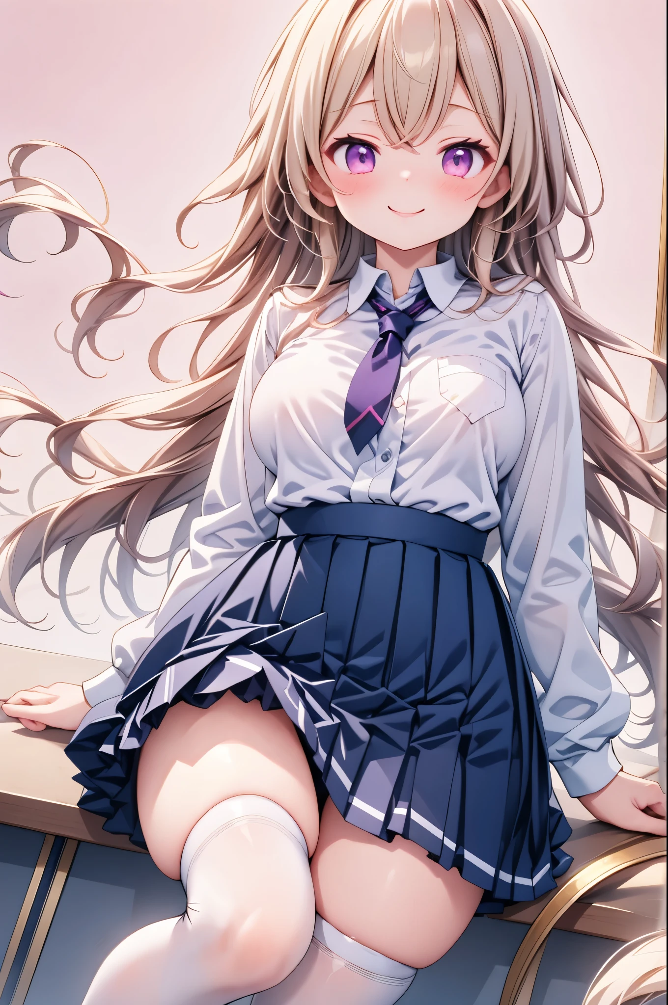 high resolution,smile,woman,woman1人,adult,cute, Golden Hair,BREAK, Purple eyes,BREAK,
high school girl,uniform,White shirt,Navy blue pleated skirt,Black knee-high socks,BREAK,
Facing forward,BREAK,Pink background,