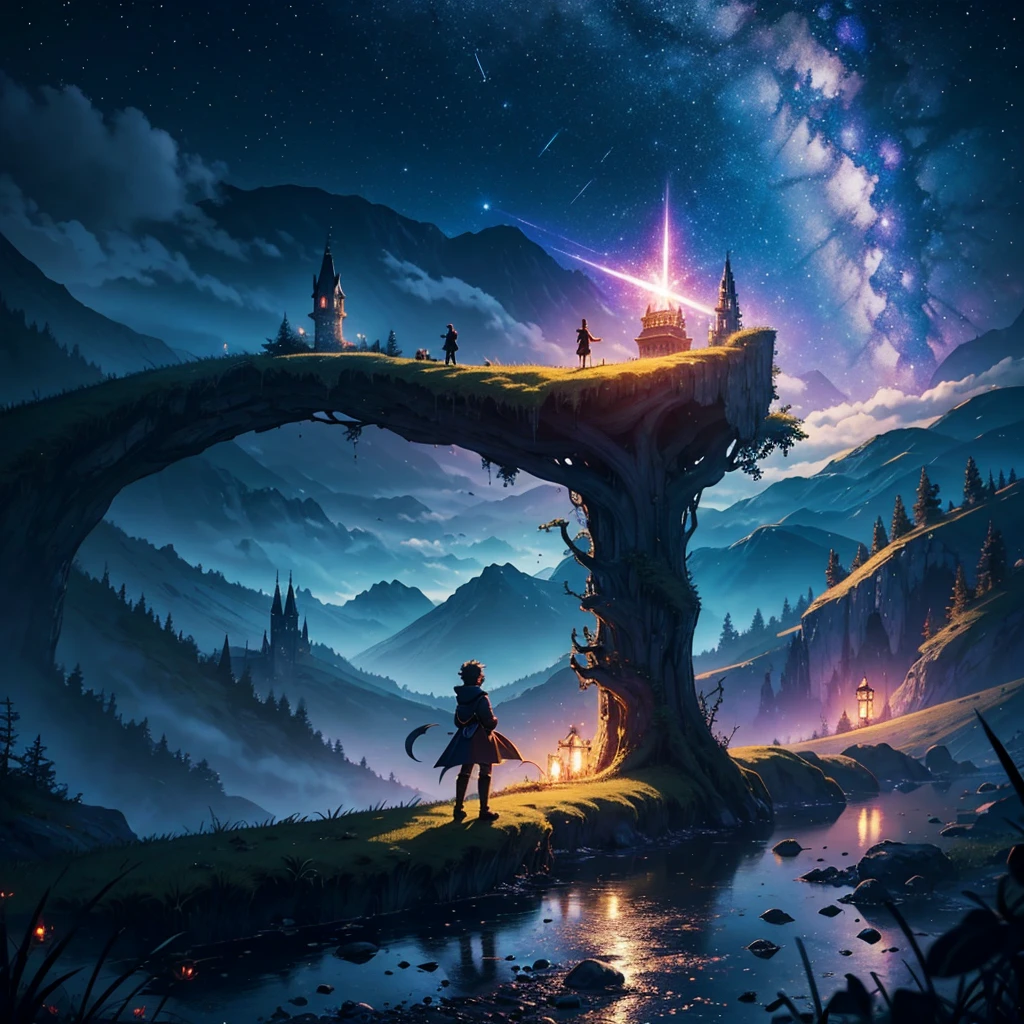 Fairy tale, magic, other world, fantasy, dark, mysterious, yung boy, shooting star, 4k, landscape --niji 6