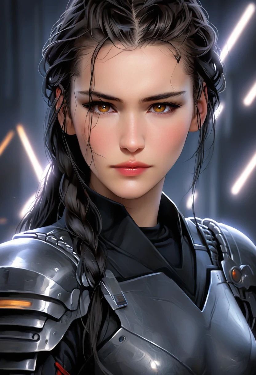 FemTerminatorCos A beautiful young woman with narrowed eyes, a smirk on her face, and long black braided hair, 1girl, detailed facial features, beautiful detailed eyes, beautiful detailed lips, extremely detailed face, long eyelashes, dark braided hair, serious expression, photo-realistic, cinematic lighting, highly detailed, 8k, masterpiece, hyper-realistic, photorealistic, intricate details, dramatic lighting, warm color tones
