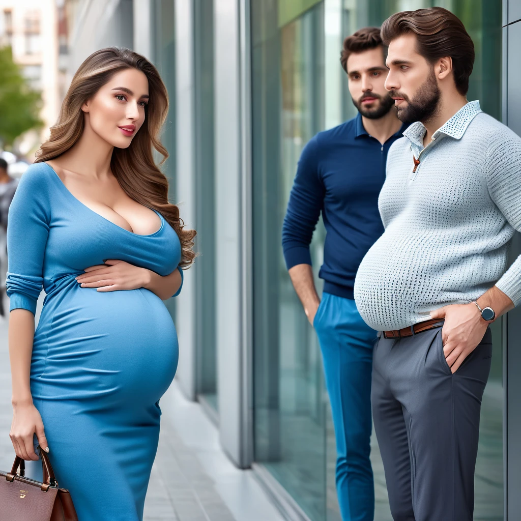 stock photo, extremely high quality, 8k, cinema style, (((whole body in picture))), 30yo attractive gorgeous elegant lady, Eleonora Pavinat, 9 months pregnant, gigantic and hevy pregnant belly, wide hips, sportive figure, long open hair, beautiful eyes, cozy, casual, film grain, analog, (gigantic saggy oversized breasts:1.8), cozy loose sweater, very long business skirt, high heels, talking to a 16 yo (((male))) student, both persons standing in a modern city and talking to each other, both persons shown from the side