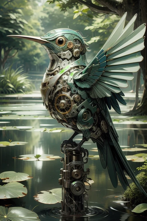 ((masterpiece)), ((best quality)), 8k, high detailed, ultra-detailed, A mechanical bird, harmoniously integrated into the beauty of nature, capturing the balance between technology and the environment, mechanical bird, ((nature)), ((harmonious integration)), ((technology and environment balance)), metallic feathers, gear mechanisms, perched on tree branch, fluttering leaves, sun rays through canopy, reflection in a pond