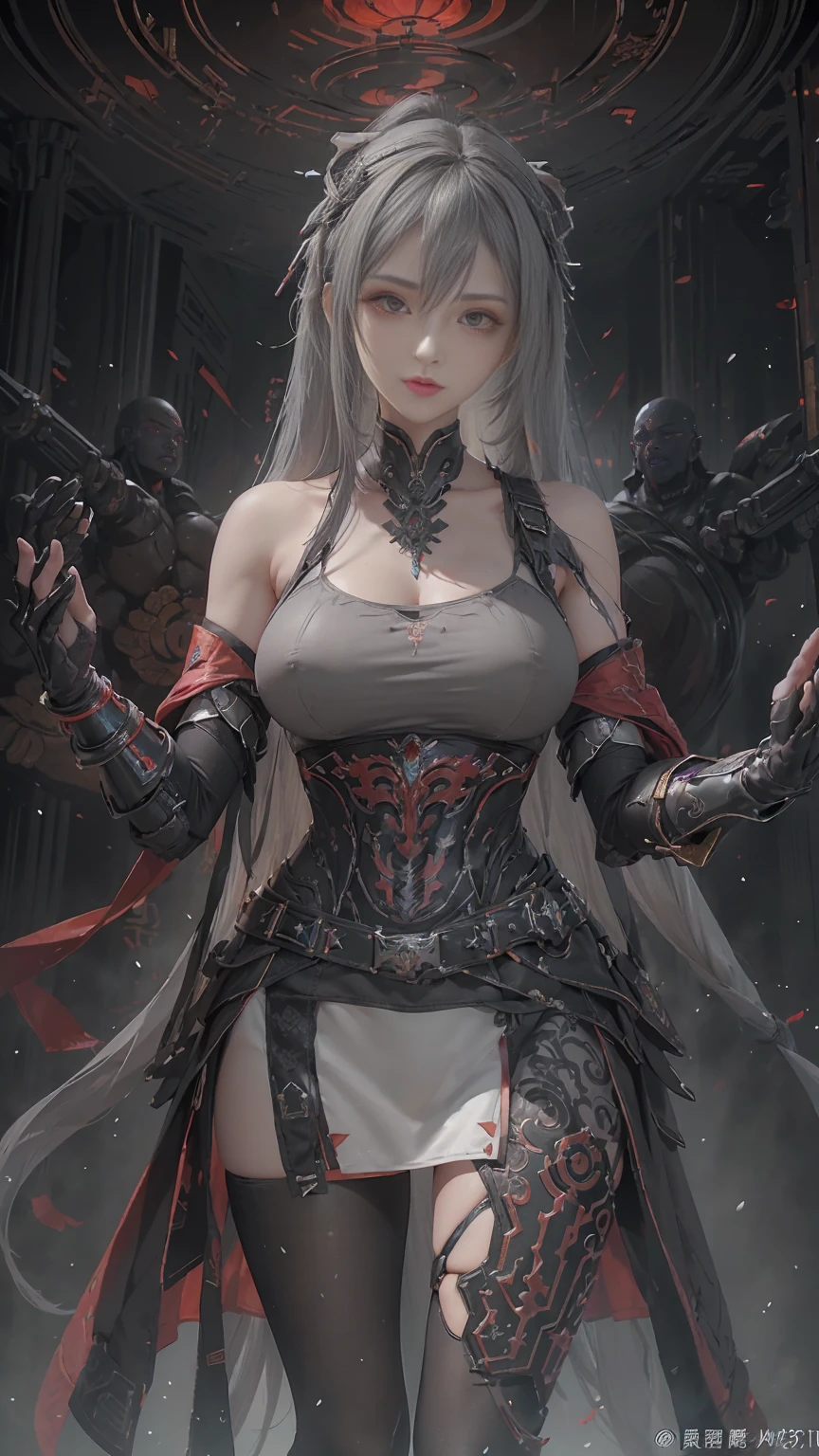 masterpiece,Game Art,Best picture quality,Maximum resolution,8K,(Upper Body),Unreal Engine 5 rendering works,(Digital Photography),((Upper BodyFeature:1.5)), 20 year old girl,Short hair details,Long bangs,(The red eye makeup is carefully applied),(With long gray hair:1.4),(Large target, Full breasts),Elegance and nobility,Brave and charming, (Dynamic poses),(The future armor combines the characteristics of Chinese armor,hollow-carved design,Power Armor,Mysterious oriental runes,Exquisite clothing patterns,Magic Flash),Future Warrior,Cyberpunk Characters,War Background, light,Ray Tracing,Game CG,((3D Unreal Engine)),OC rendering reflection mode