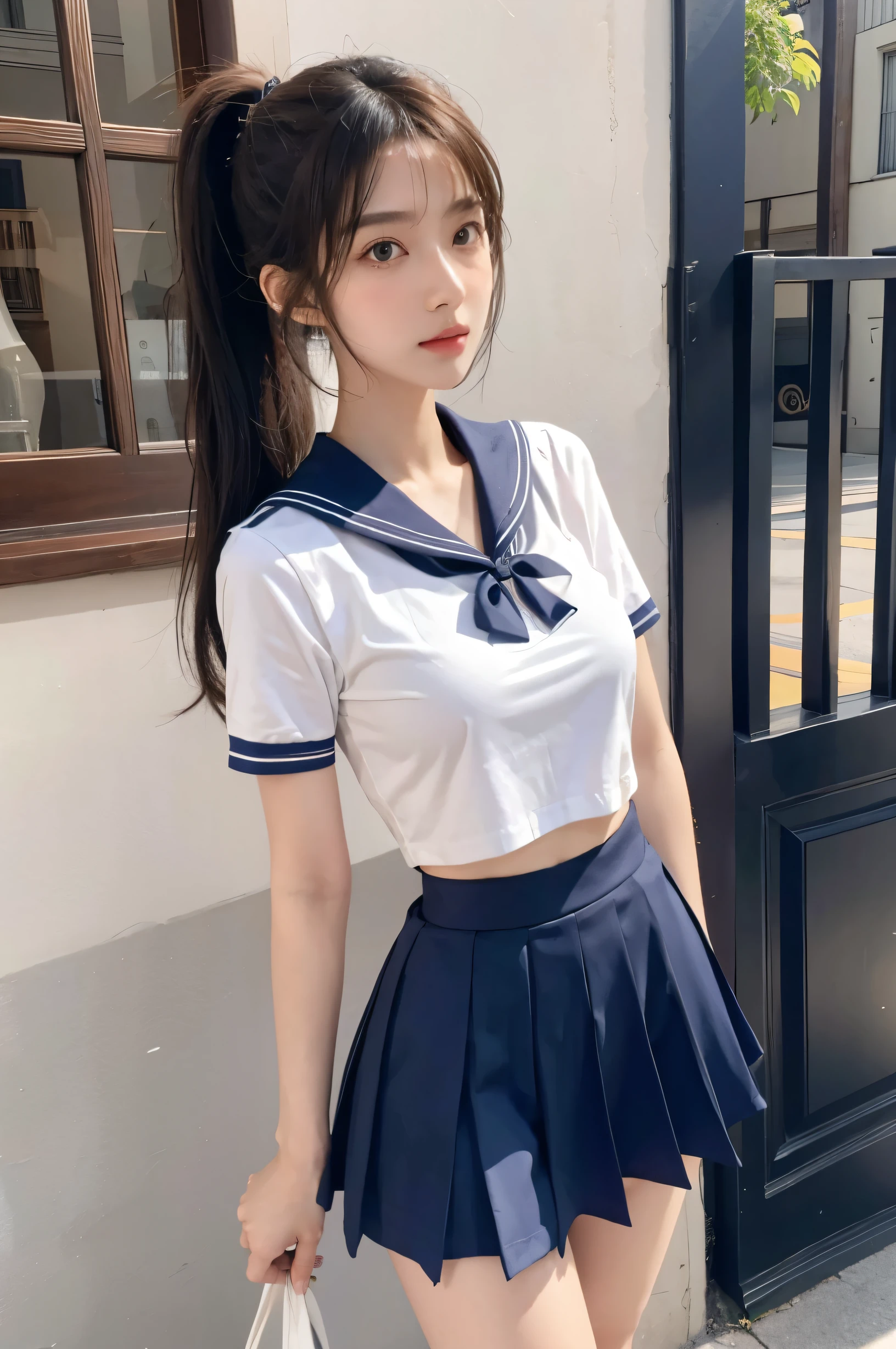 (Ultra HD), (Short-sleeved sailor uniform, Navy blue mini skirt), Big Breasts, slender, Narrow waist, whole body, Standing posture, (Clean and shiny skin, Whitening, No makeup), (Super slim face, Super beautiful face), (Light Brown Ponytail, Layered Cut, Fluffy hair), (double eyelid, Slanted Eyes), Small Nose, Thin lips, Thin legs, school gate