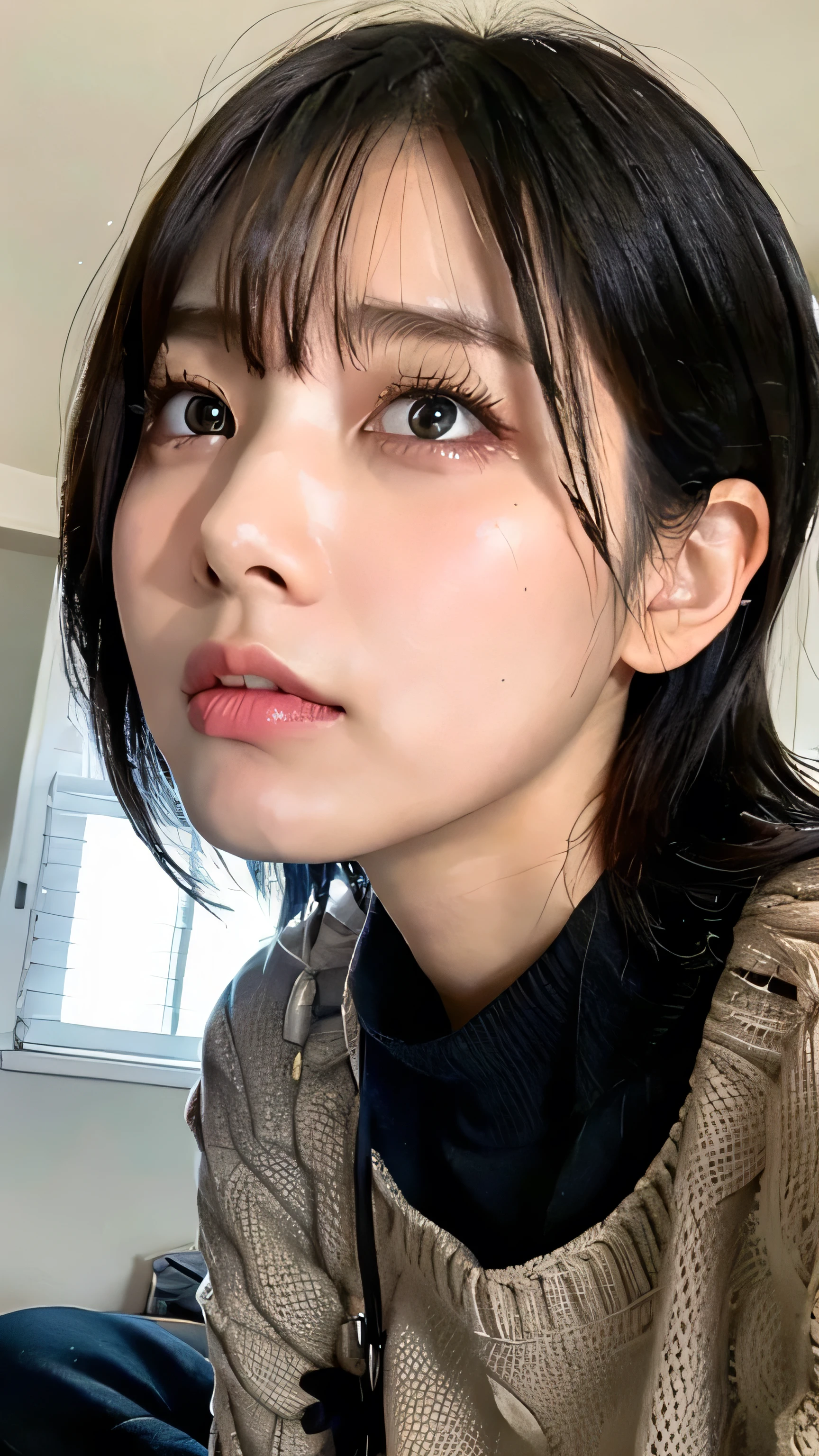 (Highest quality,masterpiece:1.3,Ultra-high resolution),(Very detailed,Caustics,8k),(Realistic:1.4,RAW shooting),(A girl with a displeased expression puffing out her cheeks),Bedroom,Sit on the bed,Look forward,18-year-old,Japanese,cute,Black short hair,Watery eyes,Shining Tears,Upward glance,Looking into the camera,sweater,big ,Face Focus,Face close-up,Bust up shot,(High position),(High Angle),Natural light,Angle from below,Looking at the ceiling from below,Spotlight on your nostrils,Nose hook,White teeth,