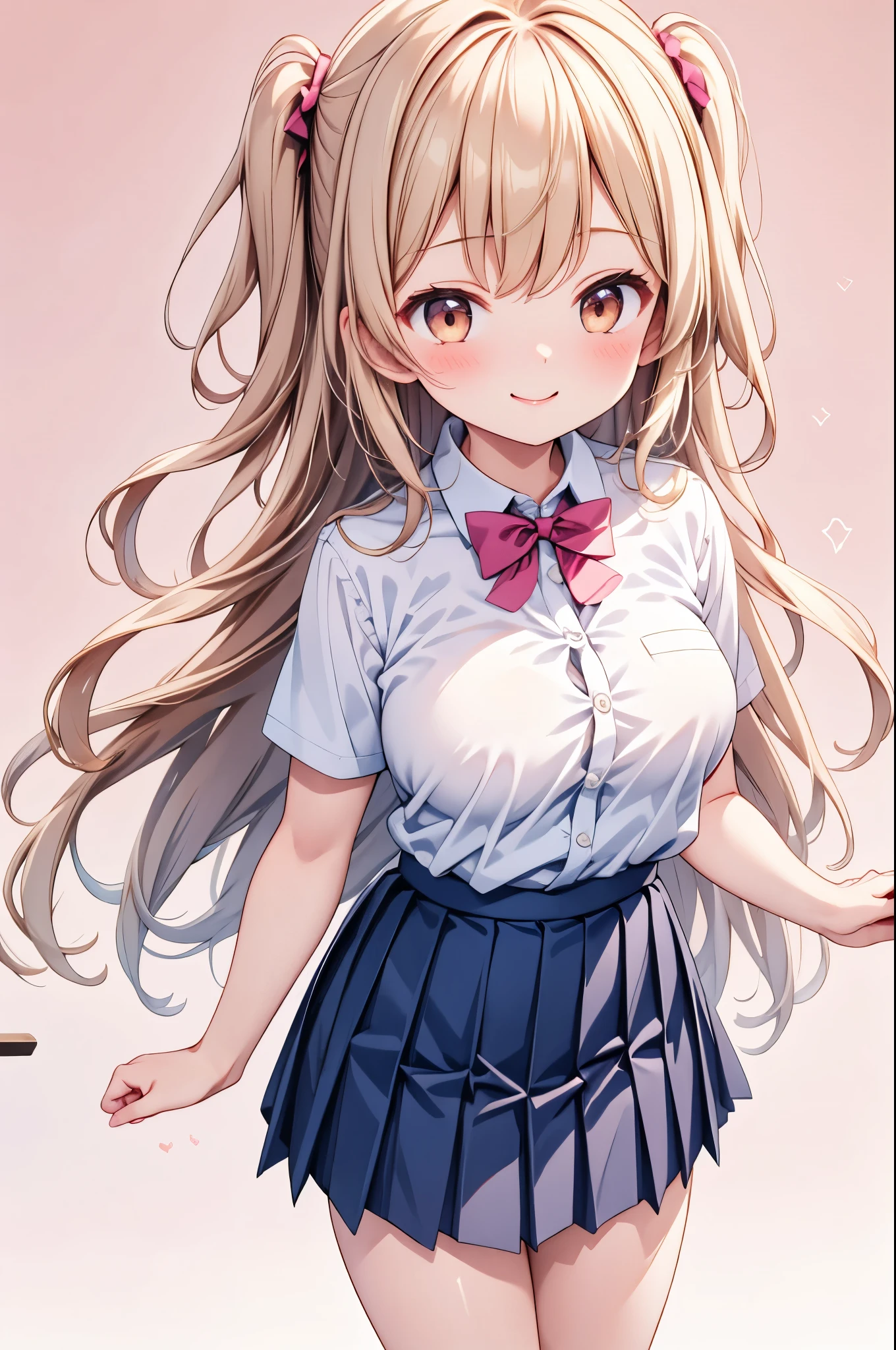 high resolution,smile,woman,woman1人,adult,cute, Golden Hair,BREAK, Brown eyes,BREAK, high school girl,uniform,White shirt,Navy blue pleated skirt,BREAK, Facing forward,BREAK,Pink background,