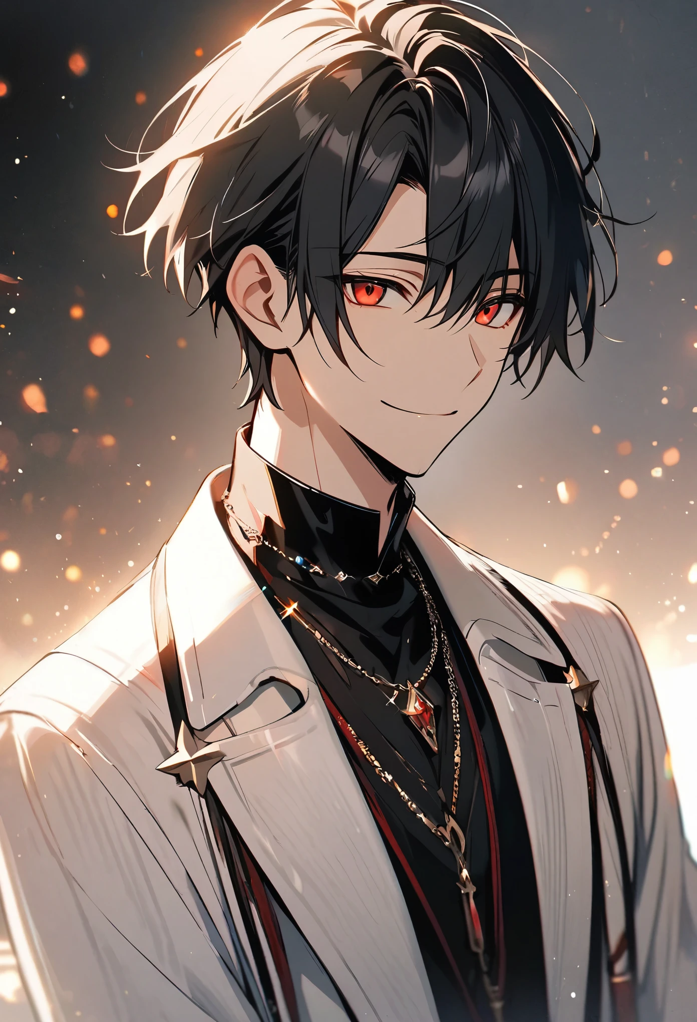 good looking, alone, 1 male, short hair, Black Hair, Red eyes, White shirt, White coat,Smile Facial, Black necklace