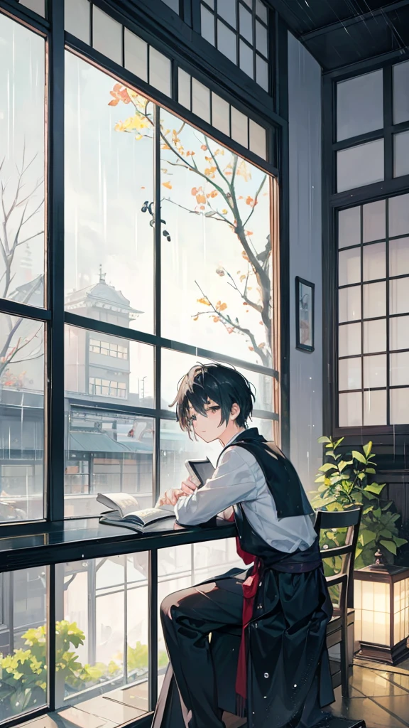 Scene of a cafe with rain falling outside the window, A boy is reading a book on a window seat, The warm light and calm expression are impressive.., Japanese anime style