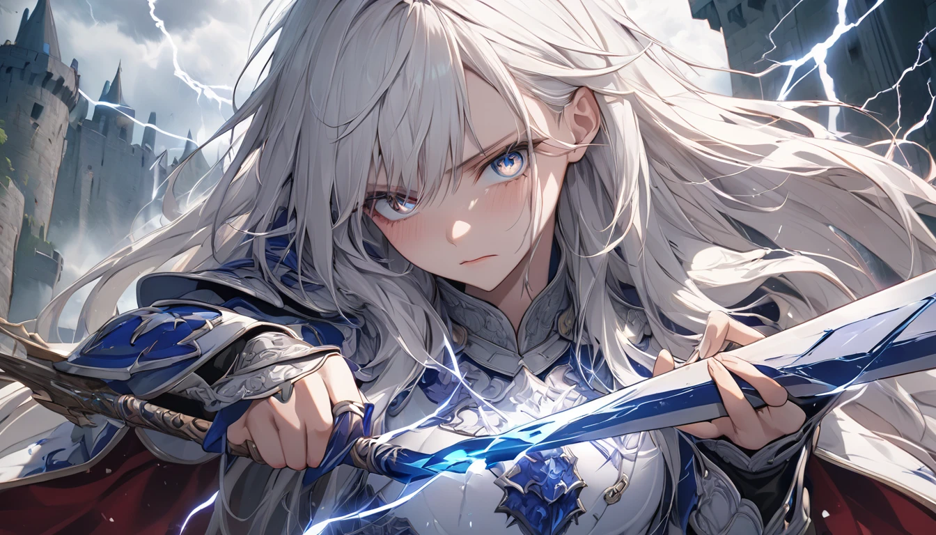 **140. One person。mysterious。Long-haired white-haired girl。Cowboy shot or close-up。
masterpiece, best quality, ultra detailed
(Detailed fingers), (Emotional), (Breathtakingly beautiful), (main part: 1.2 Whole body。), (Anime Style), (Very detailed), (Brutal), (超High resolution、High resolution), (8k), (High resolution: 1.2), (Complex and beautiful: 1.2)**
- background: fortress in the sky、Lightning and storms rage。
- Long-haired white-haired girl: Delicately painted royal armor、Sparkling Eyes。He holds a lightning spear in his hand。
-pose: Stick the spear into the ground、Grip with both hands、A hall that exudes great power々Standing with a straight face。
- Effects: Lightning bolts shot from the spear、The sound of a storm echoing through the fortress。