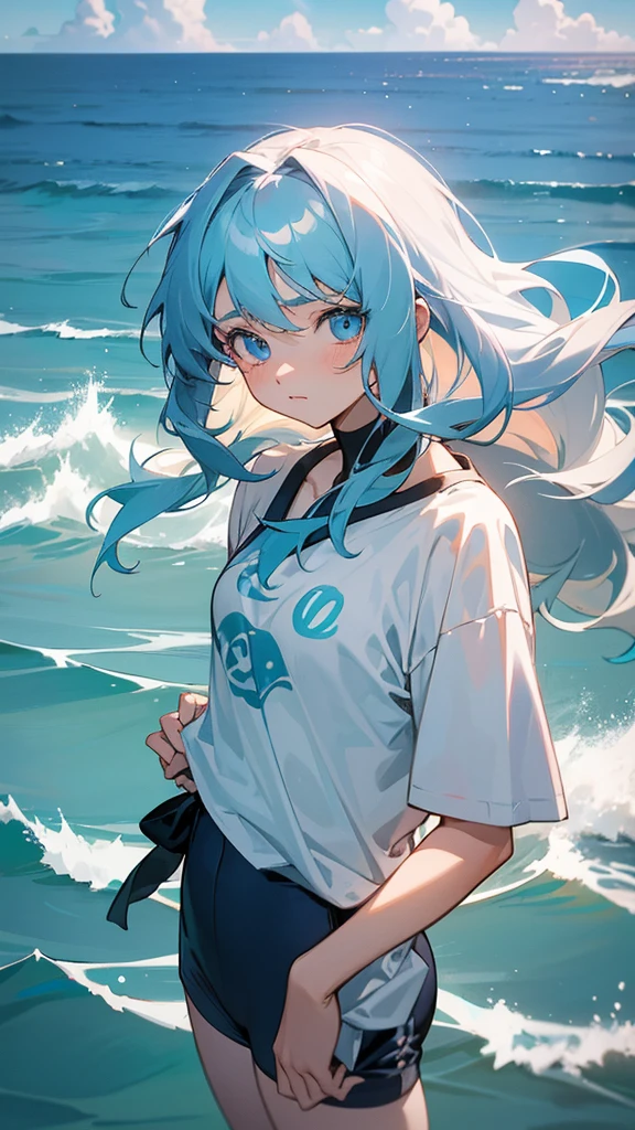 anime character. An 18-year-old female, with long wavy hair like the sea. Light blue hair color, and has different eye colors. Left eye (deep sea blue), right eye (white beach sea). currently in a beautiful ocean. Wearing a plain short-sleeved shirt. ufotable studio