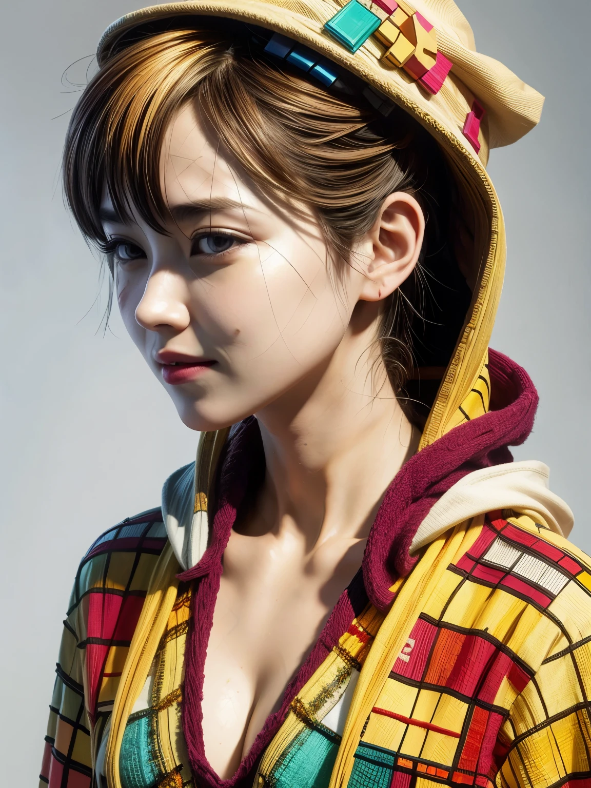 (high quality), (masterpiece), (detailed), 8K, Hyper-realistic portrait of (Japanese girl1.2) wearing (Rubik's Cube-inspired attire1.2), featuring (intricate cubical patterns1.2) on (white hoodie1.2) and (matching skirt1.2). (Soft pastel colors1.2) of the Rubik's Cube design blend with (delicate facial features1.2), highlighting the girl's ( gentle smile1.2) and (curious gaze1.2). Trending on DeviantArt.