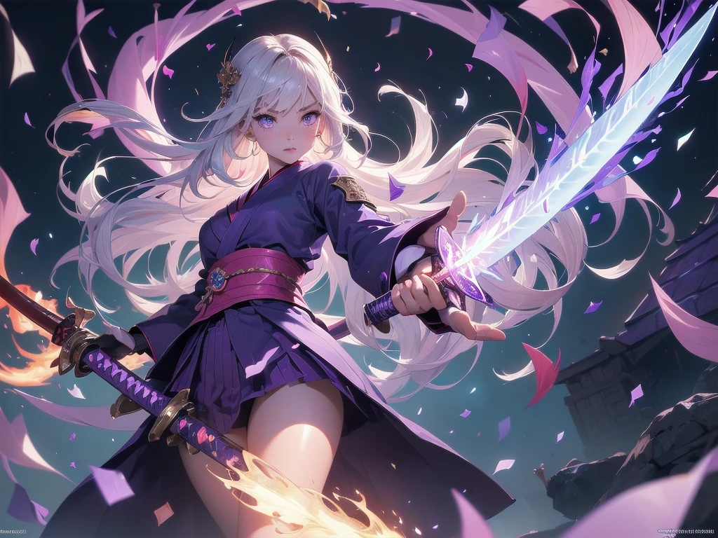 high resolution:1.7, incredibly absurdres, kawaii:1, cute:1.5, hires.fix, incredibly fine illustration,8k,masterpiece:1.2,best quality, high quality, exquisite, beautiful, insanely detailed, intricate detailed, extremely detailed, Super Definition, ultra high res, Super Resolution, best aesthetic, ultra detailed:1.5, best quality, perfect face, detailed face, masterpiece:1.2, illustration:1.2, 8k cg wallpaper, stunning art,absurdres,octane render,ultra hires,cute girl, (kunoichi:1.2), blond hair,long hair,intricate eyes,beautiful detailed eyes,symmetrical eyes,(wide eyes:1.4,big green eyes,enchanting bright eyes studded with gold and silver dust,wet crystal eyes),(finely detailed beautiful eyes),(((pinky skin,glowing_skin,lustrous skin:1.5,bright skin: 1.5,skin tanned,shiny skin,very shiny skin,shiny body,plastic glitter skin,exaggerated shiny skin,illuminated skin))),upward breasts,(detailed body,(detailed face)),lean body,waist slender,leg slender,best relationship with four fingers and one thumb,(Japanese clothes),kimono,ninja, (kunoichi uniform), (gauntlet:1.2), (greave:1.2), (gaiter:1.2), (purple flame:1.5), (red fire:1.5), (holding white flame sword:1.5), (holding blue energy sword:1.3), (purple flame katana:1.3), (swing a purple flame sword:1.3),
battle,fight,(action pose: 1.4),(vengeful spirit come's attack), (vs vengeful spirit),(purple confetti:1.5),(cave),tentacles,dungeon,(dutch angle),dark mystic ruins