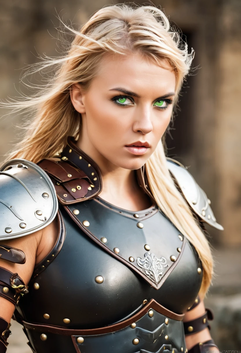 blonde gladiator woman, greeneyes, leather armour, aggressive style