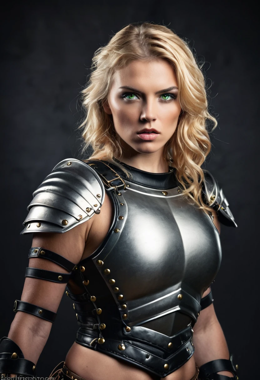 blonde gladiator woman, greeneyes, leather armour, aggressive style