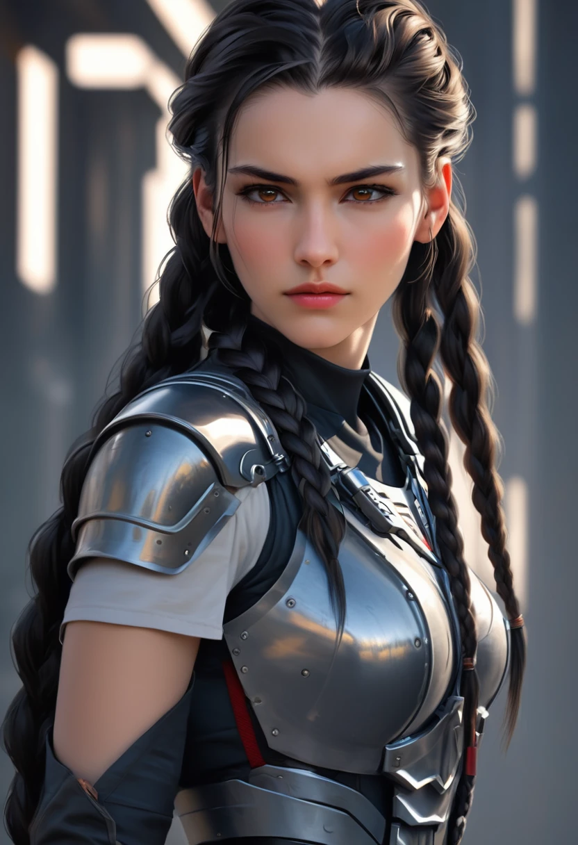 FemTerminatorCos A beautiful young woman with narrowed eyes, a smirk on her face, and long black braided hair, 1girl, detailed facial features, beautiful detailed eyes, beautiful detailed lips, extremely detailed face, long eyelashes, dark braided hair, serious expression, photo-realistic, cinematic lighting, highly detailed, 8k, masterpiece, hyper-realistic, photorealistic, intricate details, dramatic lighting, warm color tones
