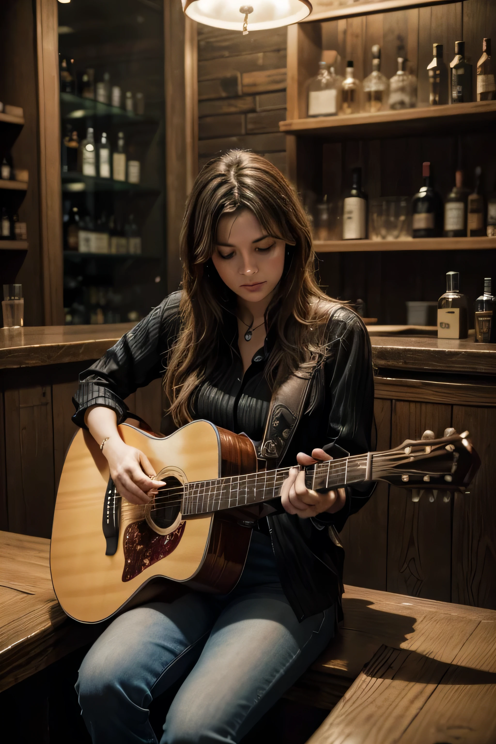 each album of country music suffering, with bar glass on bar table, A guitar, one man and one woman