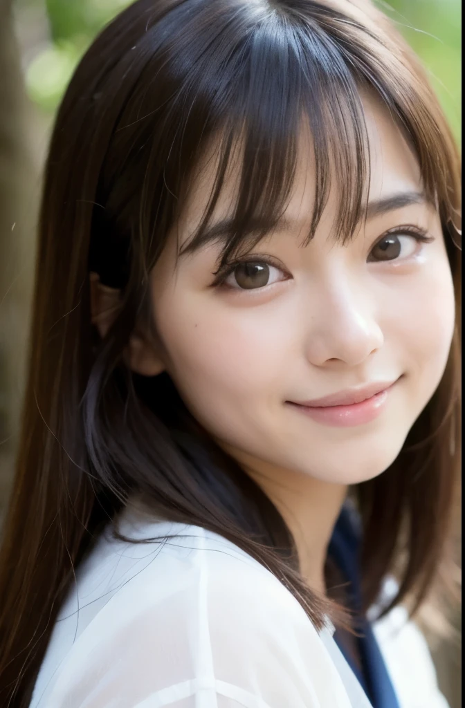 best quality, face focus, soft light, ultra high res, (photorealistic:1.4), RAW photo,(Shinozaki Ai),
1japanese girl, solo, cute, kawaii, smile, (pupil, lights in the eyes),  detailed beautiful face,(high resolution detail of human skin texture),(long hair),(portrait), face up, white traditional kimono, in the forest,