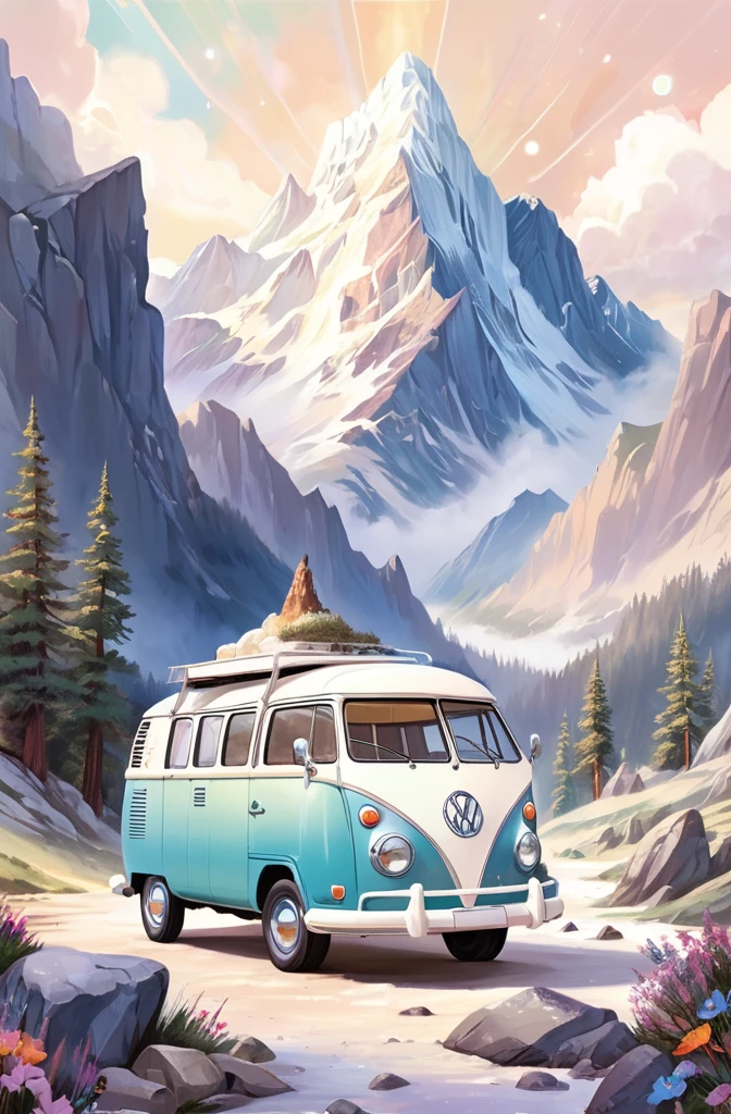 ethereal fantasy concept art of campervan, mountain background, rocky road, kitschy vintage retro simple, white background . magnificent, celestial, ethereal, painterly, epic, majestic, magical, fantasy art, cover art, dreamy
