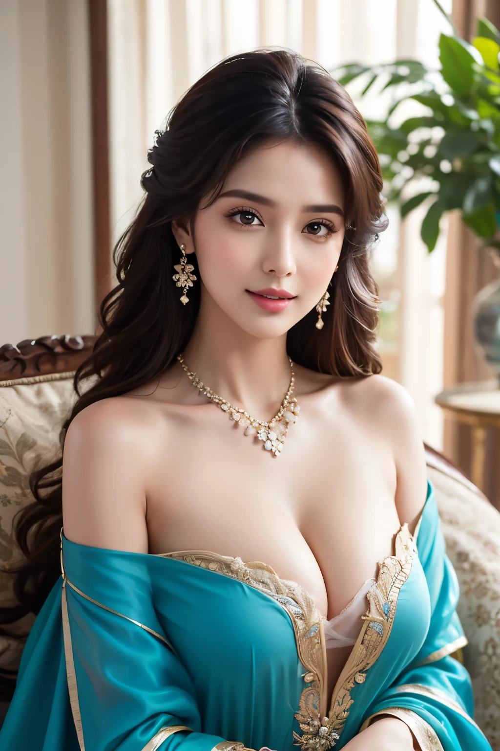 score_9, score8_up, stunning beautiful girl, 25 yo, detailed skin, beautiful shinning long luscious hair, strands of hair flaoting in air, hair updo, hair, delicate facial features, detailed glossy eyes and pupils, detailed shinning natural hairs, detailed sharp nose, detailed white glistening teeth, perfect symmetrical face, detailed natural perfect breasts, graceful pose, soft lighting, artistic painting, vibrant colors, ethereal atmosphere, mesmerizing gaze, flawless complexion, enchanting beauty, surreal background, solo, looking at viewer, bangs, beautiful modern fashionable designer teal, blue and pink combination dress, earrings and necklace, cute smile, upper body, indoors, frills, night time, perfect lighting, luxurious living room, sofa, lots of colourful flowers,looking at the viewer, lips,