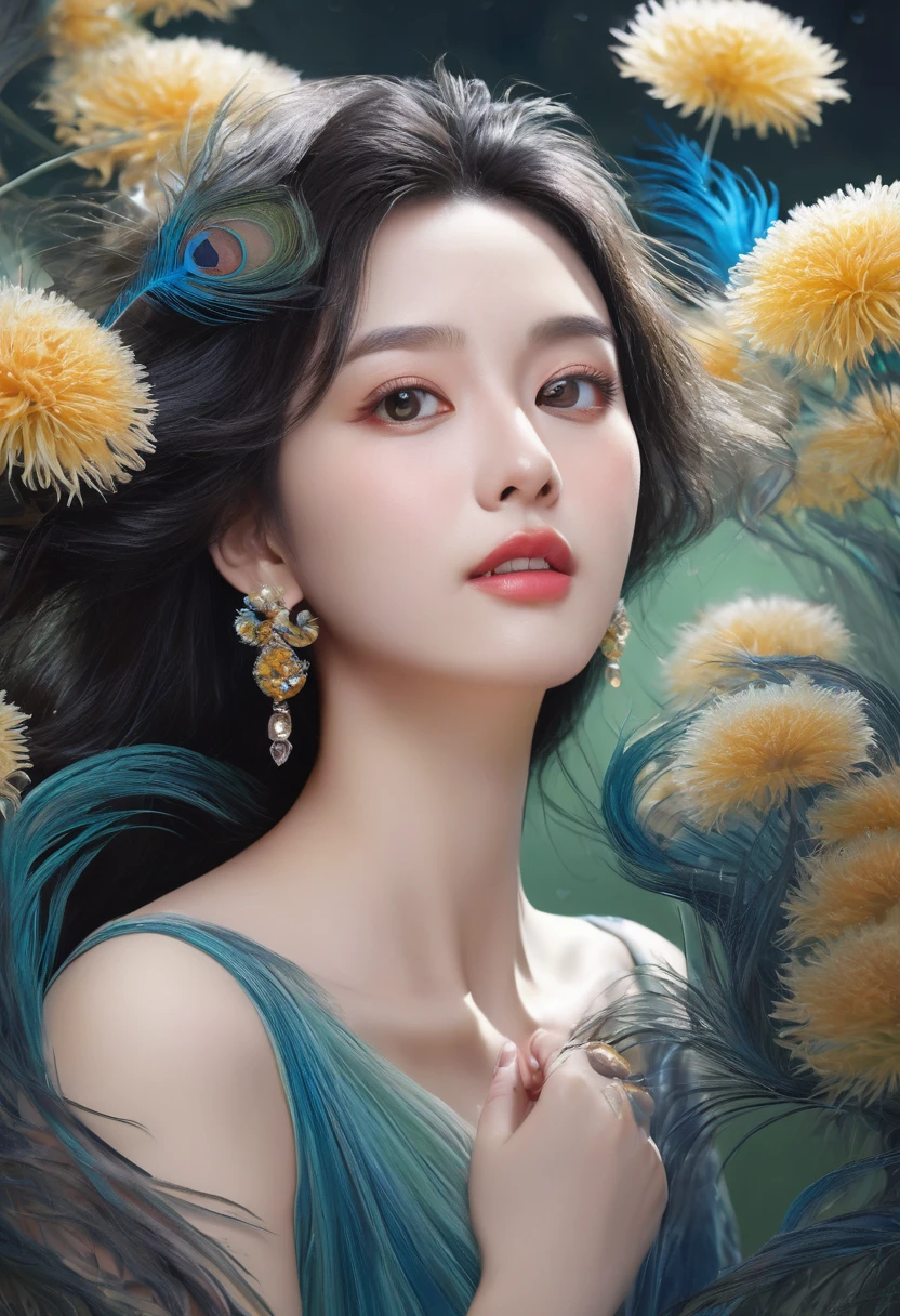up-and-coming painting-style artwork, best quality, super fine, 16k, incredibly absurdres, extremely detailed, delicate, flashy and dynamic depiction, iridescent, beautiful woman, bewitching lady reminiscent of peacock, excited look, dandelions and Epiphyllum oxypetalum are flying in spiral as they are stirred by whirlwind, BREAK, (background monochrome garden palace:1.3)