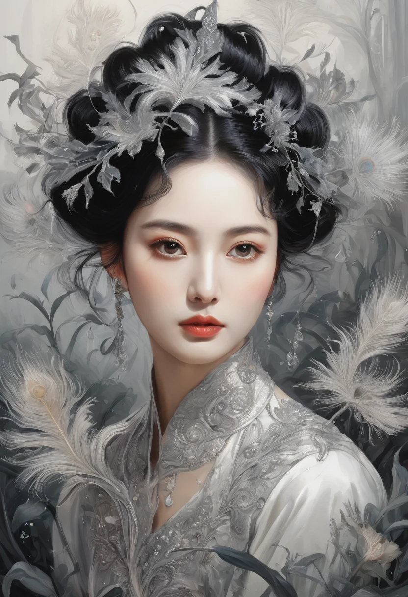 up-and-coming painting-style artwork, best quality, super fine, 16k, incredibly absurdres, extremely detailed, delicate, flashy and dynamic depiction, iridescent, beautiful woman, bewitching lady reminiscent of peacock, excited look, dandelions and Epiphyllum oxypetalum are flying in spiral as they are stirred by whirlwind, BREAK, (background monochrome garden palace:1.3)