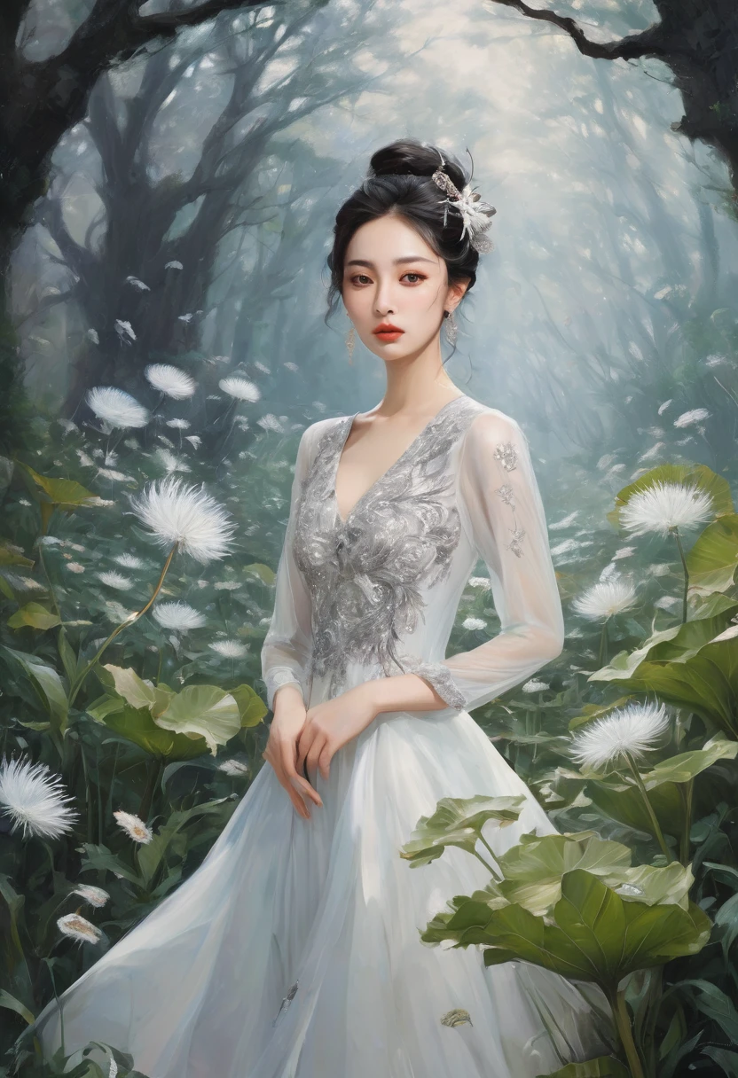 up-and-coming painting-style artwork, best quality, super fine, 16k, incredibly absurdres, extremely detailed, delicate, flashy and dynamic depiction, iridescent, beautiful woman, bewitching lady reminiscent of peacock, excited look, dandelions and Epiphyllum oxypetalum are flying in spiral as they are stirred by whirlwind, BREAK, (background monochrome garden palace:1.3)