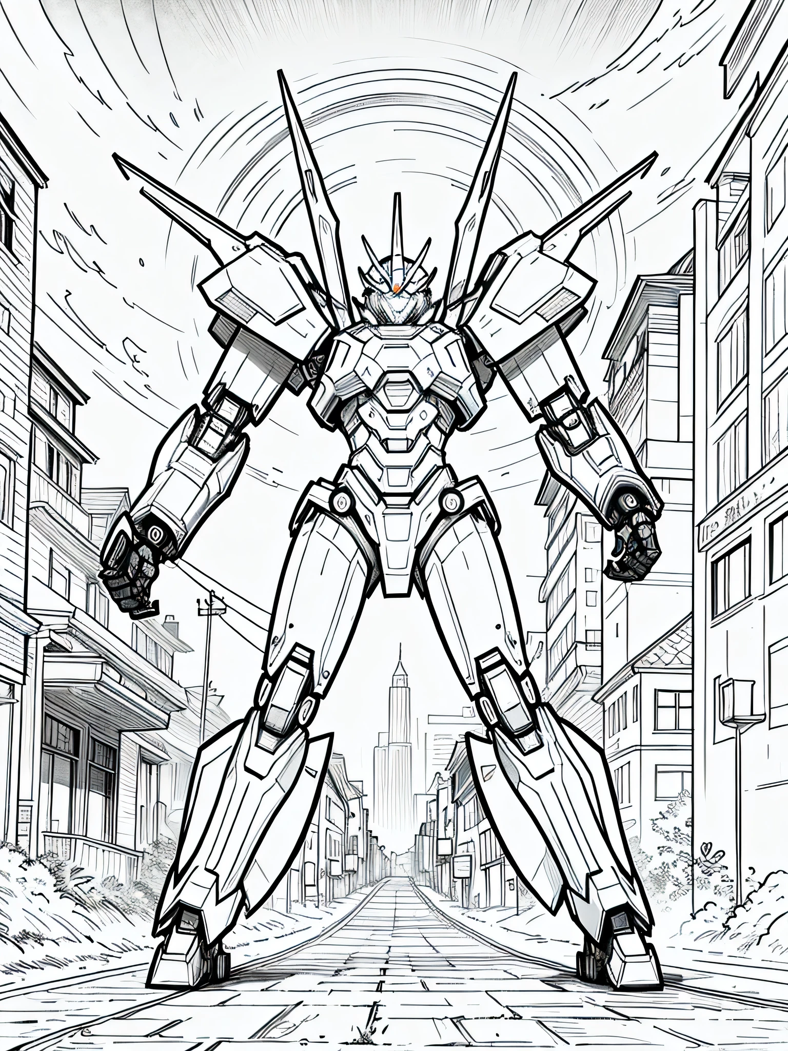 masterpiece, Best Quality, A mecha in a city, closeup Line art, monochrome, clean lines, black and white, his summer, coloring book page 