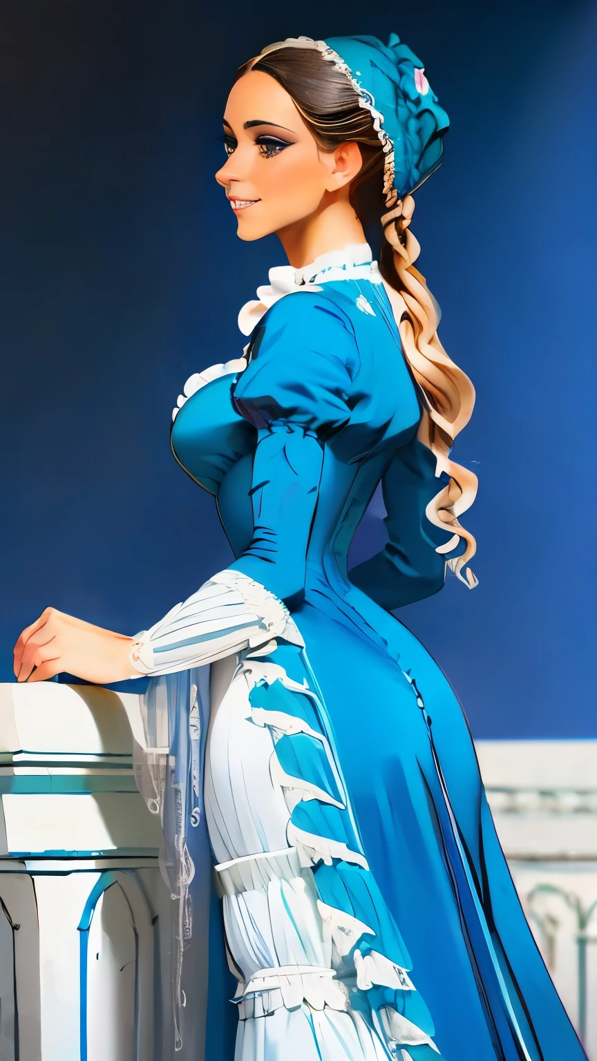 a painting of a woman in a blue dress standing on a ledge, victorian blue dress, intricate victorian dress, in victorian aristocrat, a beautiful victorian woman, fantasy victorian art, dressed beautiful gown, beautiful detailed elegant, victorian dress, beautiful detail and color, elegant. highly detailed, beautiful flowing fabric, beautiful maiden, intricate and elegant, victorian lady, beautiful gown