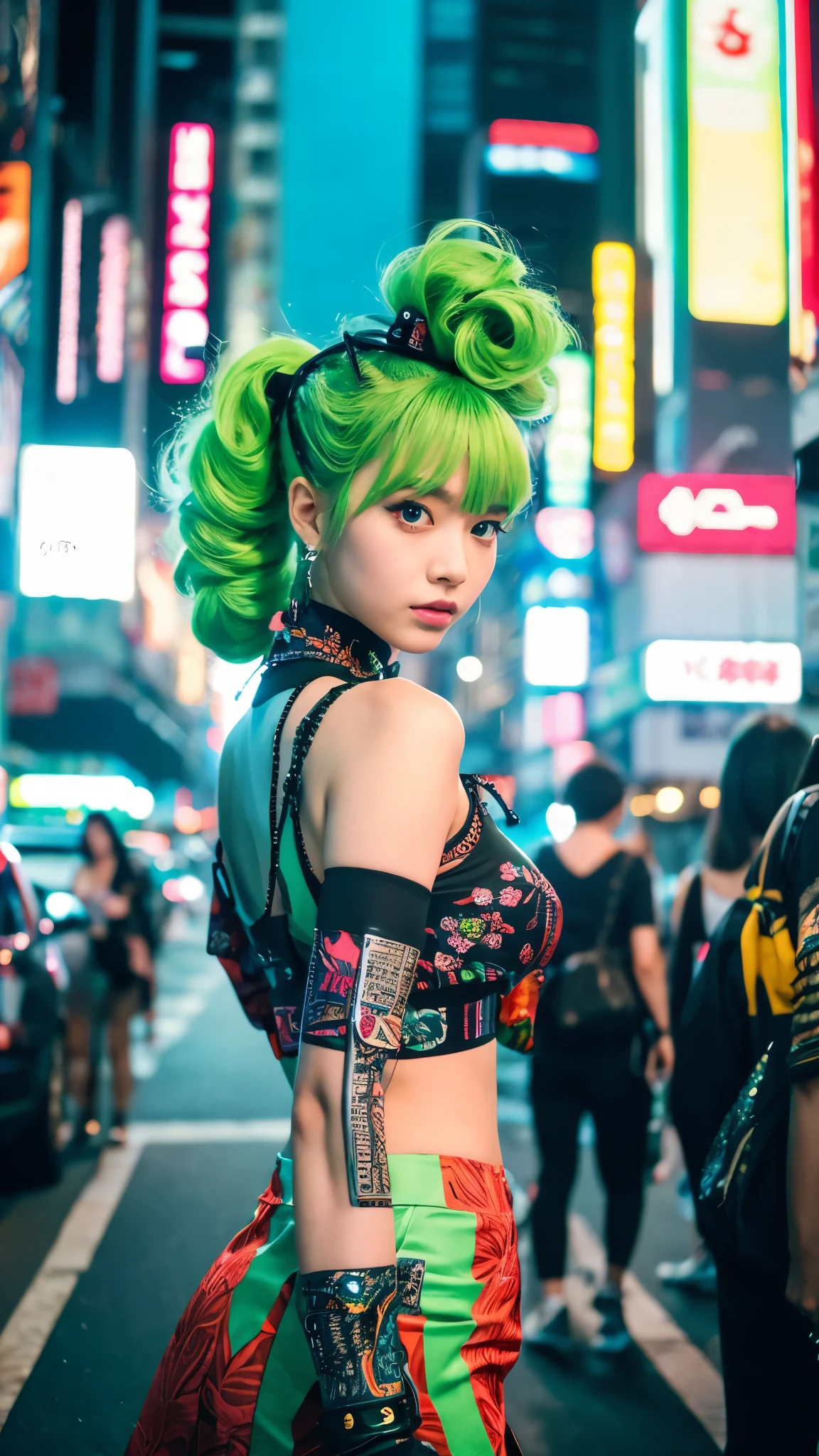masterpiece, Highest quality, Wear unique Harajuku style clothing,The mint green colour stands out,Bold colors and patterns, Eye-catching accessories, Trendy and innovative hairstyles, Bright makeup, Dazzling cyberpunk cityscapes, Skyscraper, Neon Signs, LED Light, Bright and vivid color scheme, anime, shape, Fine skin, High quality fabric, Intricate details, Very detailed,Low - Angle, whole body, vision(avert your eyes:1.4),Dynamic pose、Hand holding a sword、With a sword in hand.
