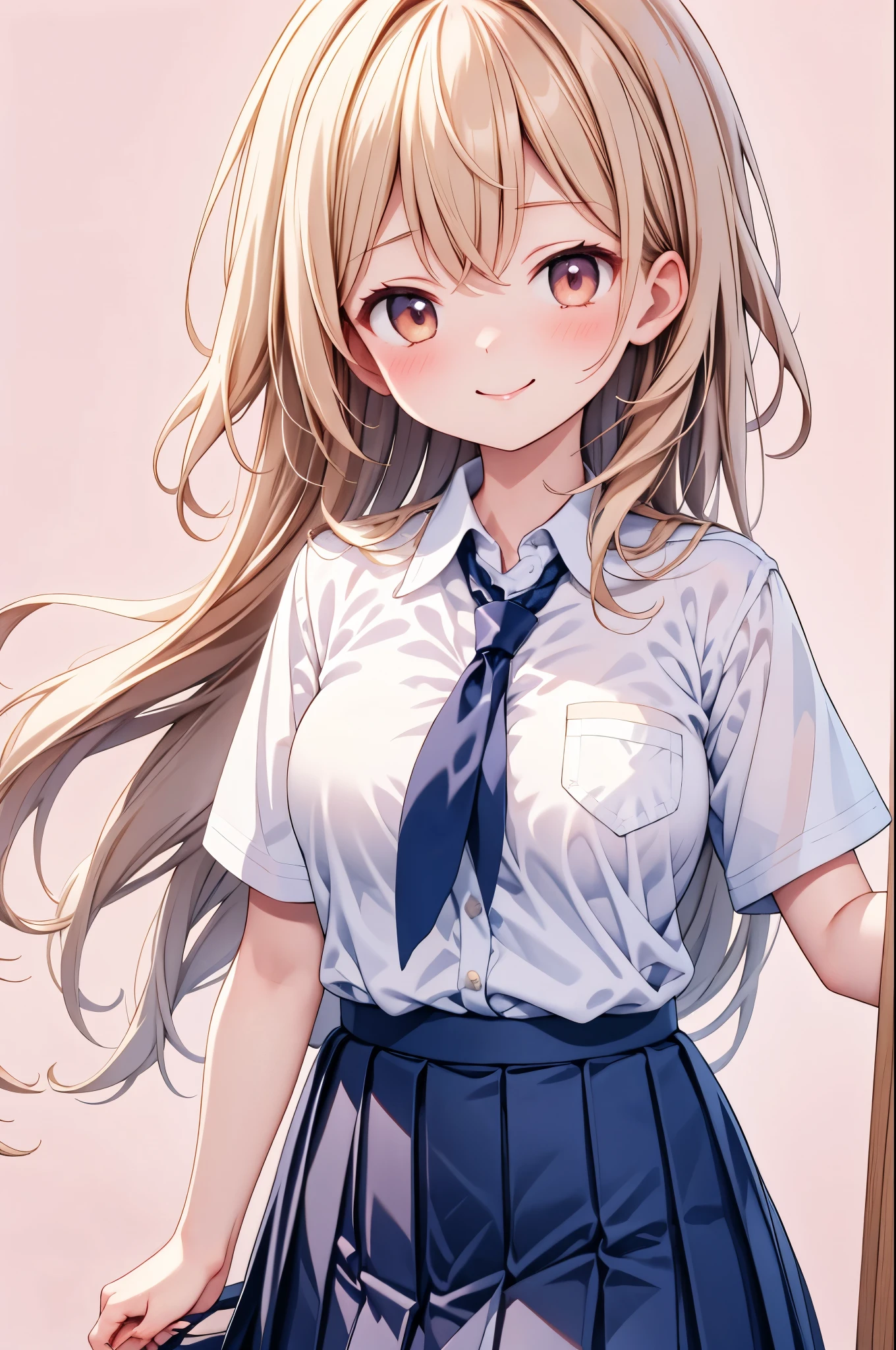 high resolution,smile,woman,woman1人,adult,cute, Golden Hair,BREAK, Brown eyes,BREAK, high school girl,uniform,White shirt,Navy blue pleated skirt,BREAK, Facing forward,BREAK,Pink background,