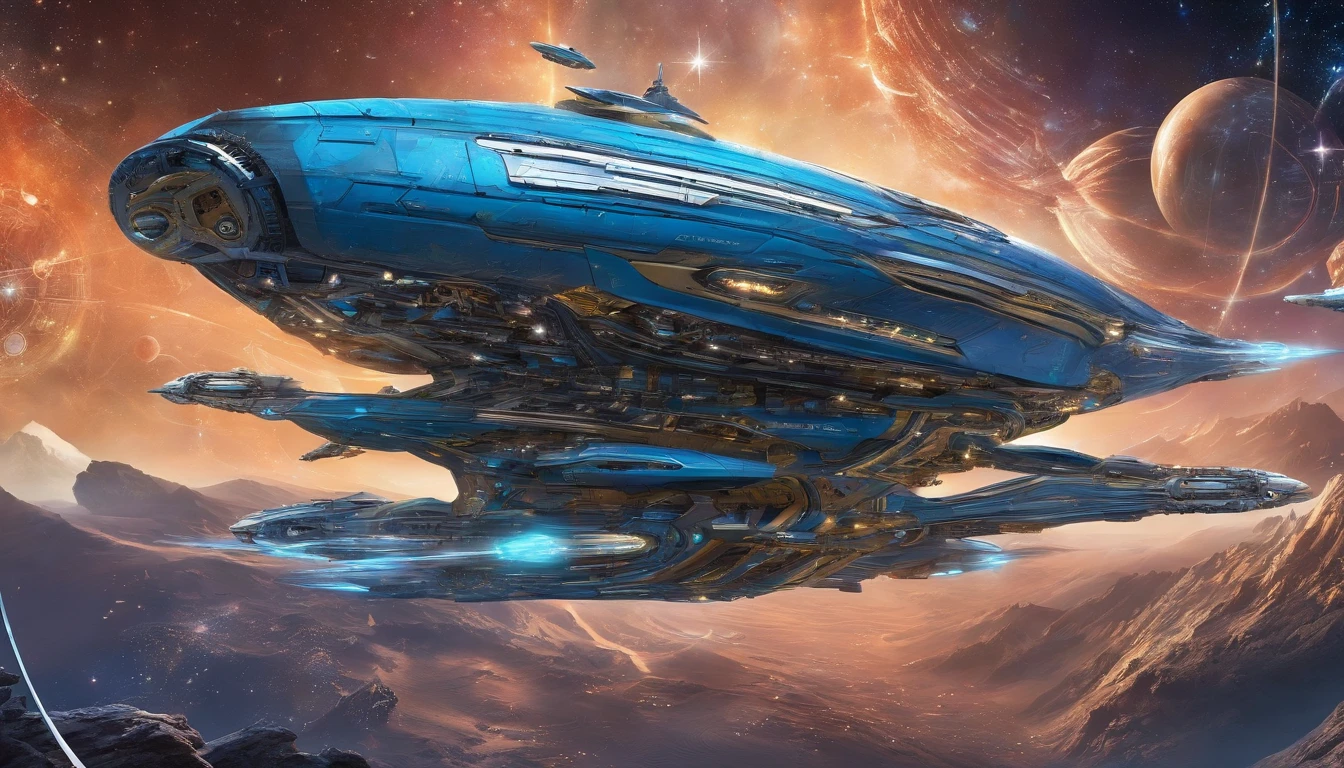 5A visually stunning and immersive 4D image of a futuristic starship, masterfully designed by a talented team of artists including Harlan Ellison, Matt Jeffries, Rick Berman, and the Okudas. The starship showcases a captivating royalistic-punk aesthetic, featuring golden gears, levers, and patterned accents against its dark metallic exterior. Elegant blue diamond-shaped nacelles, resembling giant D batteries, adorn the ship, adding a touch of vibrant color. The background is a breathtaking cosmic landscape, filled with stars, distant vessels, a comet, a nebula, and an Earth-like planet.
The high-resolution 4D image perfectly captures the essence of conceptual art in portrait photography, with intricate details and rich colors that bring the starship to life. The scene((())) A starship of the Design Team of Harlan Ellison, Matt Jeffries, Rick Berman,Mike & Denise Okuda with medieval,& metallic gold & green matte, very intricate details, aesthetic.The ship is adorned with golden gears, levers, and intricate patterns, contrasting with its dark metallic body. The background is a cornucopia of stars, distant ships, a comet, nebula, & an Earth-esque planet.750k UHD 4D. (((The starship has 2 blue vibrant diamond nacelles, that are shaped like giant D batteries.)))