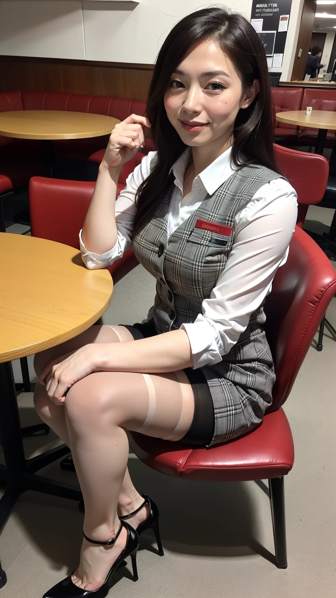 Ulchan-6500-v1.1, (RAW photo:1.2), (Photoreal), (genuine:1.4), １milf, perfect anatomy, 48 years old, plump body:0.5,  look at the viewer, medium long hair, Plaid vest, ((sit on the chair and open legs:1.0)), (super realistic pantyhose:1.2), (high heels), (business services)、in snazzy cafe