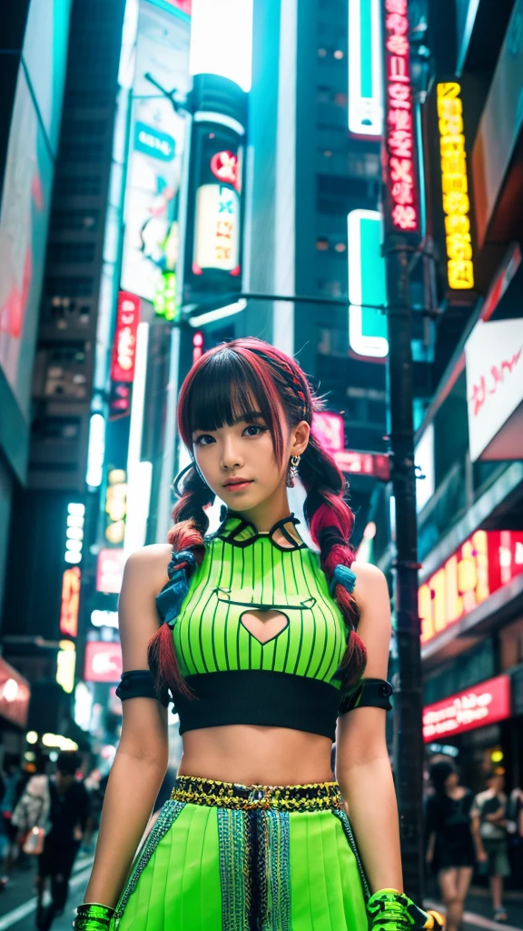 masterpiece, Highest quality, Wear unique Harajuku style clothing,The mint green colour stands out,Bold colors and patterns, Eye-catching accessories, Trendy and innovative hairstyles, Bright makeup, Dazzling cyberpunk cityscapes, Skyscraper, Neon Signs, LED Light, Bright and vivid color scheme, anime, shape, Fine skin, High quality fabric, Intricate details, Very detailed,Low - Angle, whole body, vision(avert your eyes:1.4),Dynamic pose、Hand holding a sword、With a sword in hand.