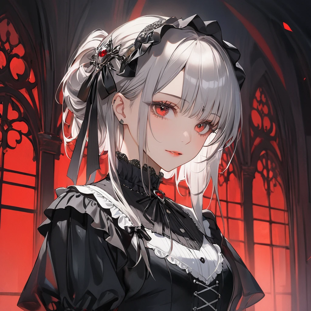 (top-quality),(masuter piece),Delicately drawn face,girl with a pretty face,beautiful detailed red eyes,Gothic Lolita Fashion,((Black and white costume)),(Beautiful silky silver hair:1.2),black ribbon hair ornament,Film Lighting,in Gothic room