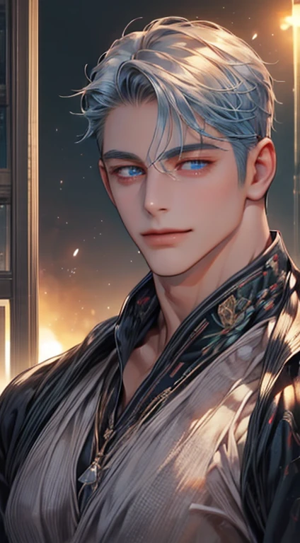 (best quality,4k,8k,highres,masterpiece:1.2),ultra-detailed,(realistic,photorealistic,photo-realistic:1.37),1 man,31 years old,mature man,very handsome,without expression,smile,short grey blue hair,blue eyes,penetrating gaze,perfect face without errors,imposing posture,businessman,office background,cinematic lighting,hdr image