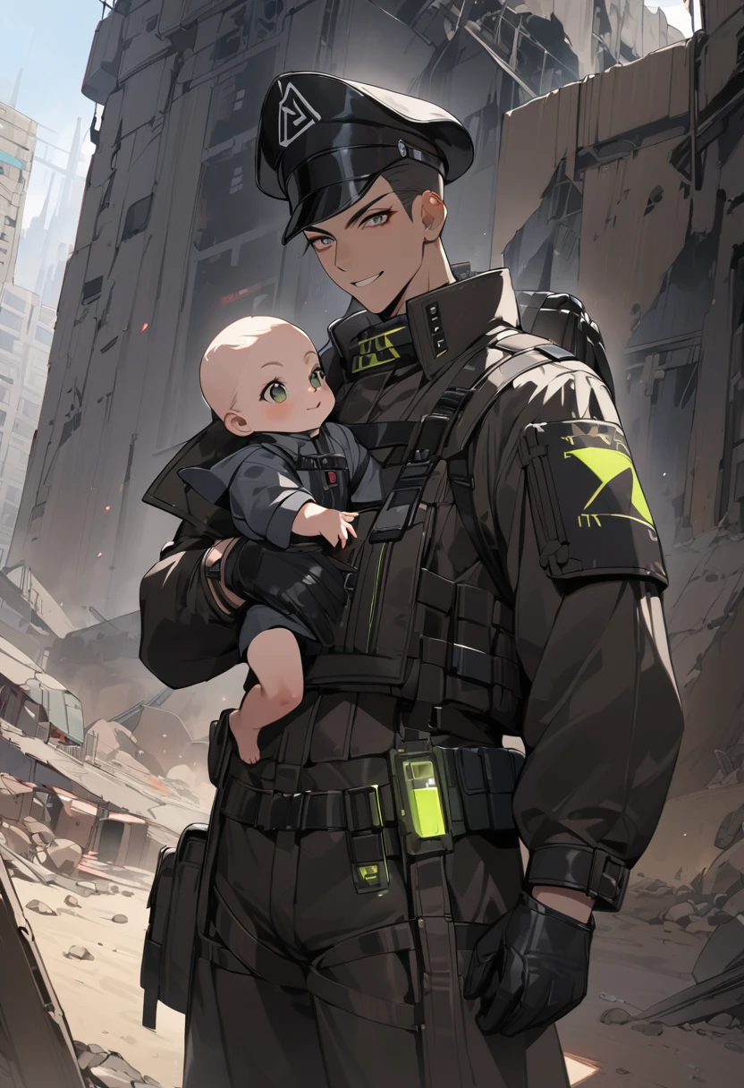 (masterpiece, best quality:1.1), (ultra highres, ultra-detailed:1.2),pop-style, one boy,male officer,smile,(soldier holding a cute baby),(black military cap,gloves,BREAK (cyberpunk nazi-uniform),(wasteland church,no man's land),