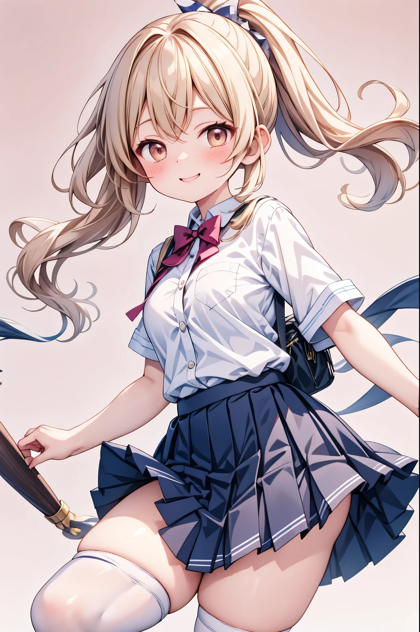 high resolution,smile,woman,woman1人,adult,cute, Golden Hair,ponytail,BREAK, Brown eyes,BREAK,
high school girl,uniform,White shirt,Navy blue pleated skirt,Black knee-high socks,BREAK,
Facing forward,BREAK,Pink background,
