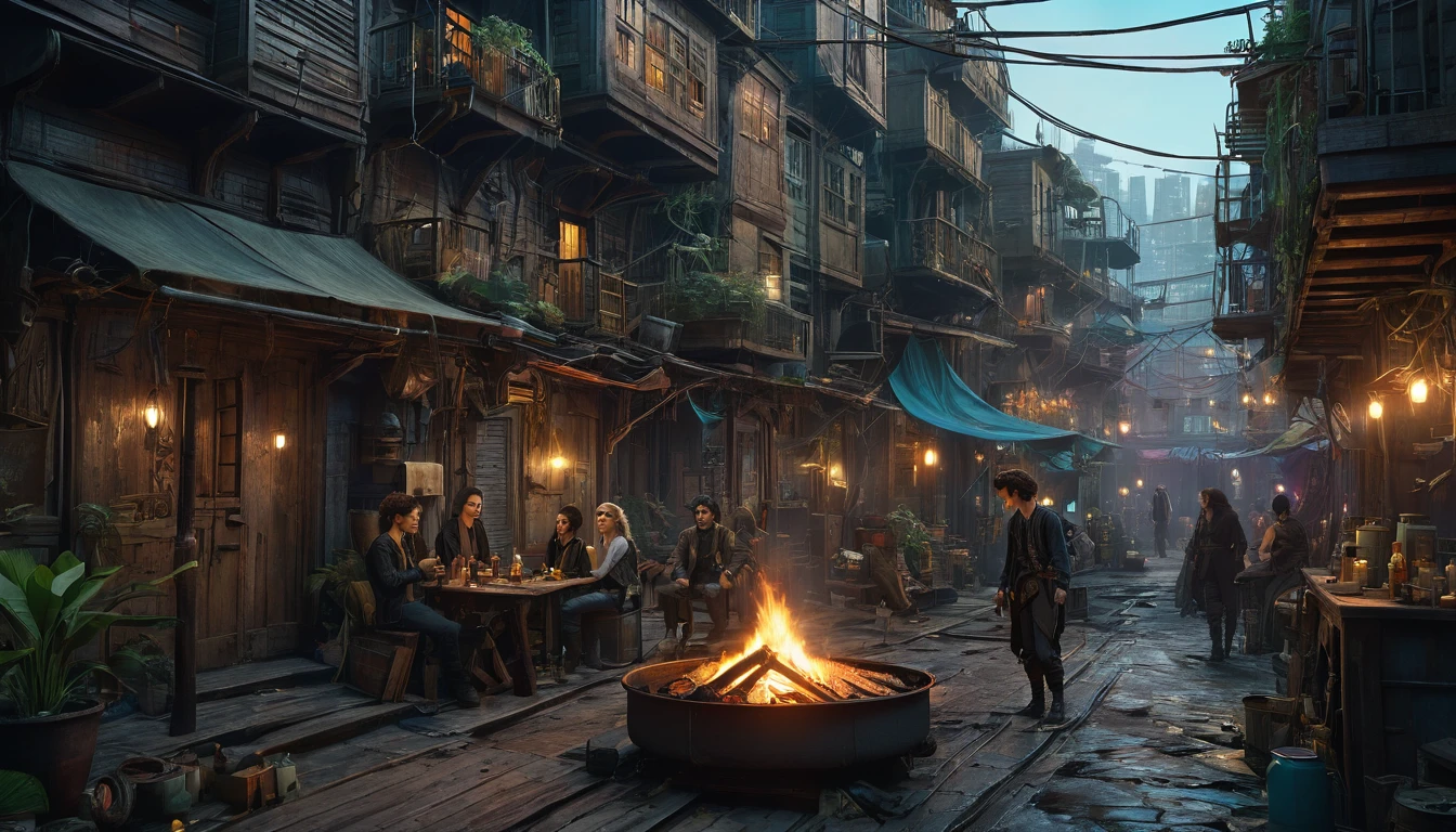 (best quality,4k,8k,highres,masterpiece:1.2),ultra-detailed,(realistic,photorealistic,photo-realistic:1.37) showing a Cyberpunk alley on a pirate island, (is Timothée Chalamet with Dakota Fanning) in a gathering, watching a cat dance by a campfire, there are many drinks, in the style of William Adolphe Bouguereau