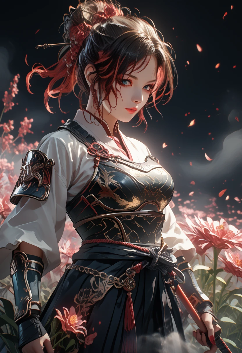 Anime Girl 1,sexy,beautiful,holds a katana in his hand,hkwarrior, bright colors,Shine,Two hair colors,Clear drawing of details,masterpiece,maximum ideal traits,Средняя beautiful Грудь,Body parts are visible,cloth,Small Armor,Black Mystical Background,Detailed drawing of the Whole Picture,maximum details,Flowers in blood,water,EMOTIONS,ultra detail,High Quality Resolution,Maximum Accurate Drawing,8k-4k Wallpaper,score_9,score_8_up,score_7_up