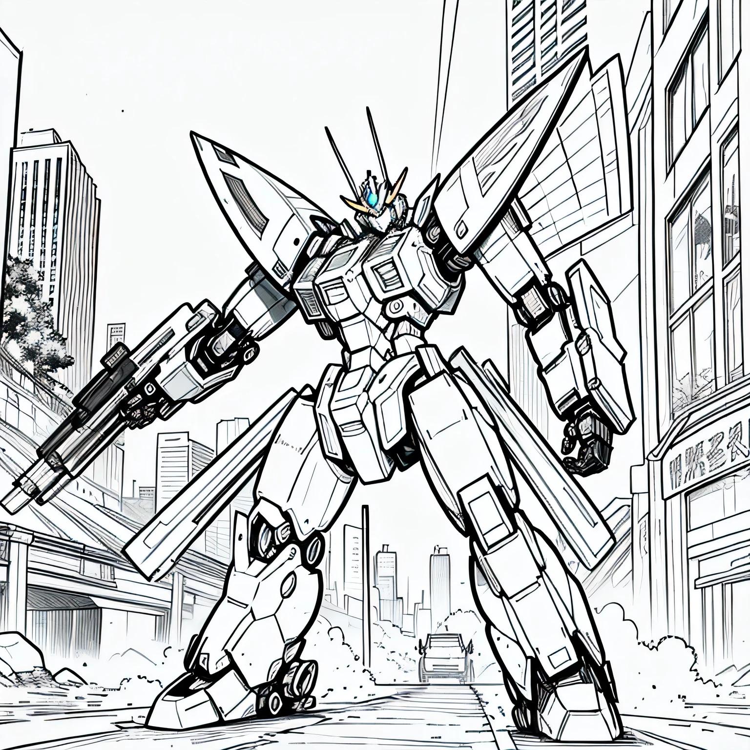 masterpiece, Best Quality, A mecha in a city, closeup Line art, monochrome, clean lines, black and white, his summer, coloring book page