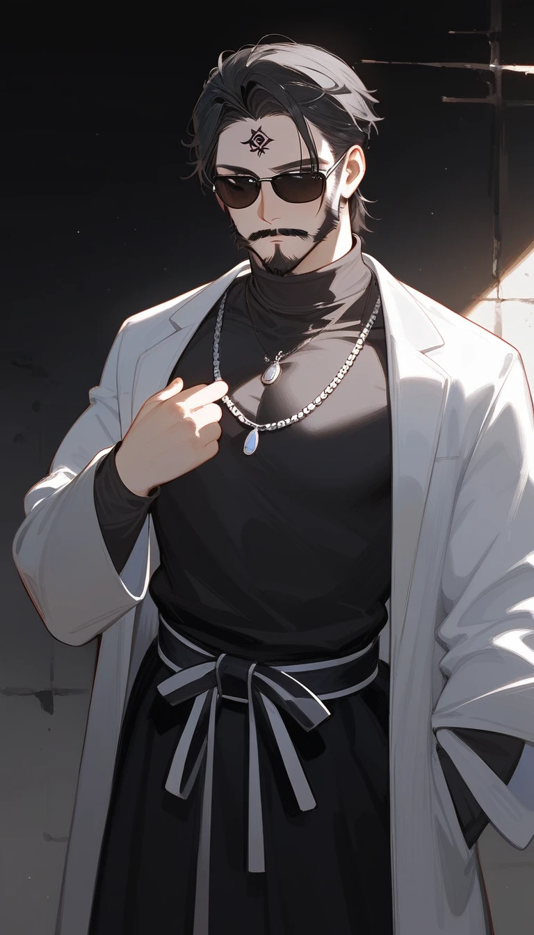 Ultra-high resolution, masterpiece,, Highest quality, 8k,Black Hair,forehead,。Tattoo on forehead。Black sunglasses。,Bearded male,Are thin。moustache,goat beard。beard。short hair。alone。,Black baggy robe。Black turtleneck shirt。Black long skirt。Serious expression,Concrete Room。