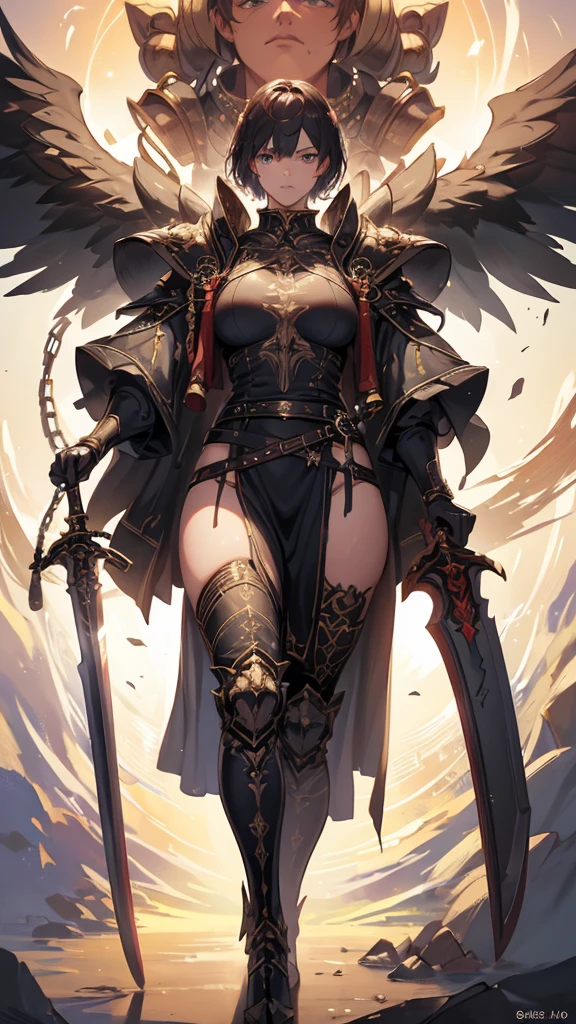 (masterpiece, 4K ,Super detailed:1.2), (anime:1), (Perfect quality), (((Adult body))), ((Swinging a big sword, Combat Ready)), The whole body is shown, Looking at the viewer, Big body, Traveling Swordsman, boyish, short hair