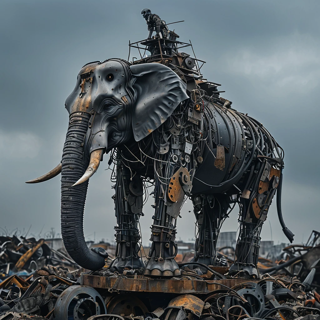 A towering, intricately constructed mechanical Elephant standing atop a mound of discarded metal and debris, Elephant appears to be made of various metal parts, wires, tools, giving it a skeletal and mechanical appearance, background is overcast, adding a somber and post-apocalyptic scene, ruined town, blue sky, cloud, 